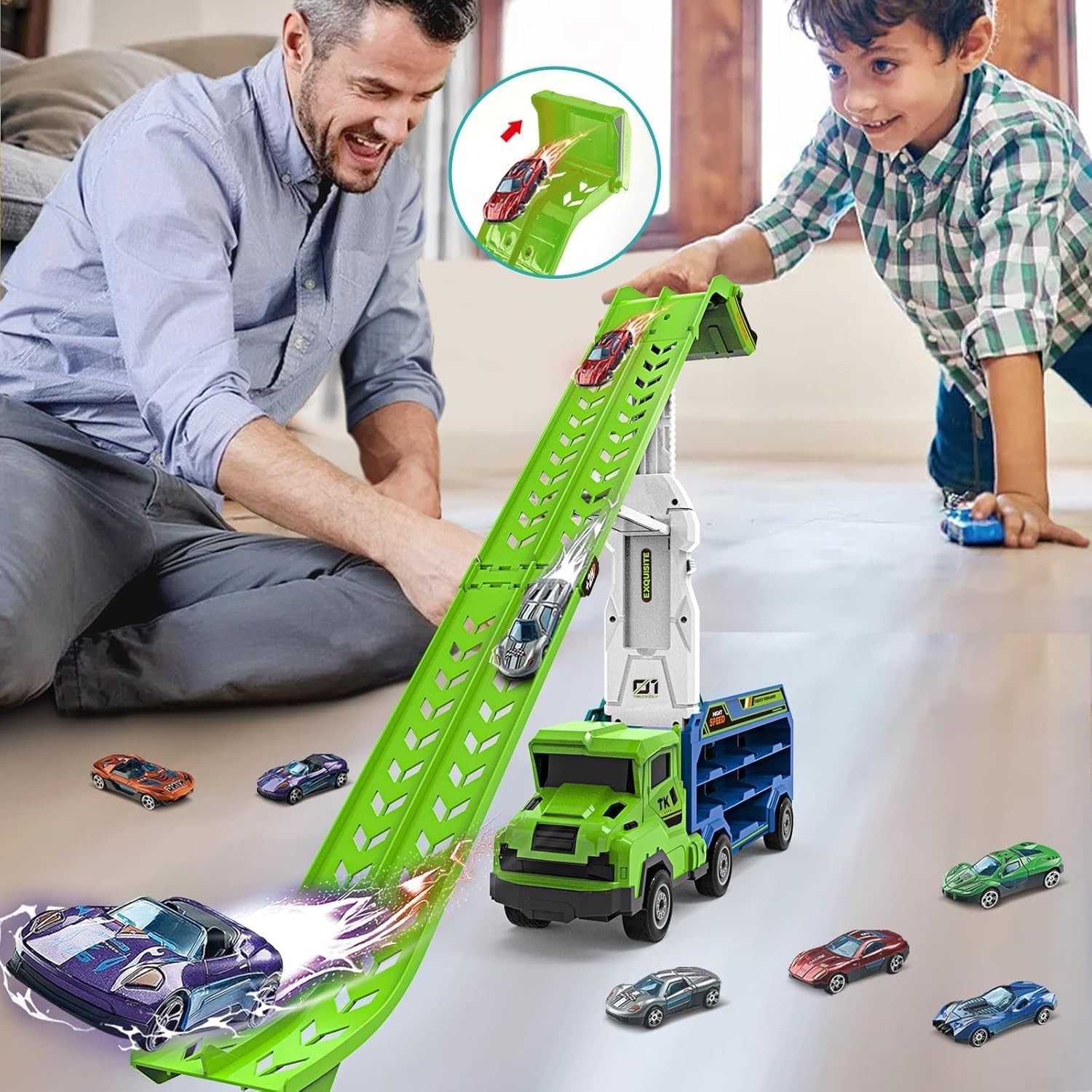 Foldable Car Race Track Set with 6 Die-Cast Cars – Ideal for Toddlers 3-8