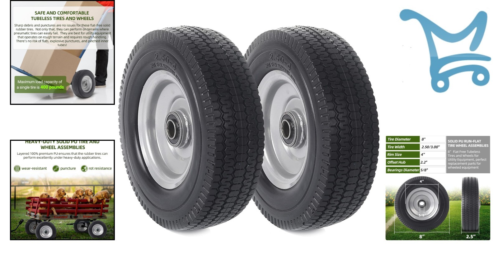 2-Pack 8-Inch Solid Wheel Replacement Flat Free Tire and Wheel for Hand Truck