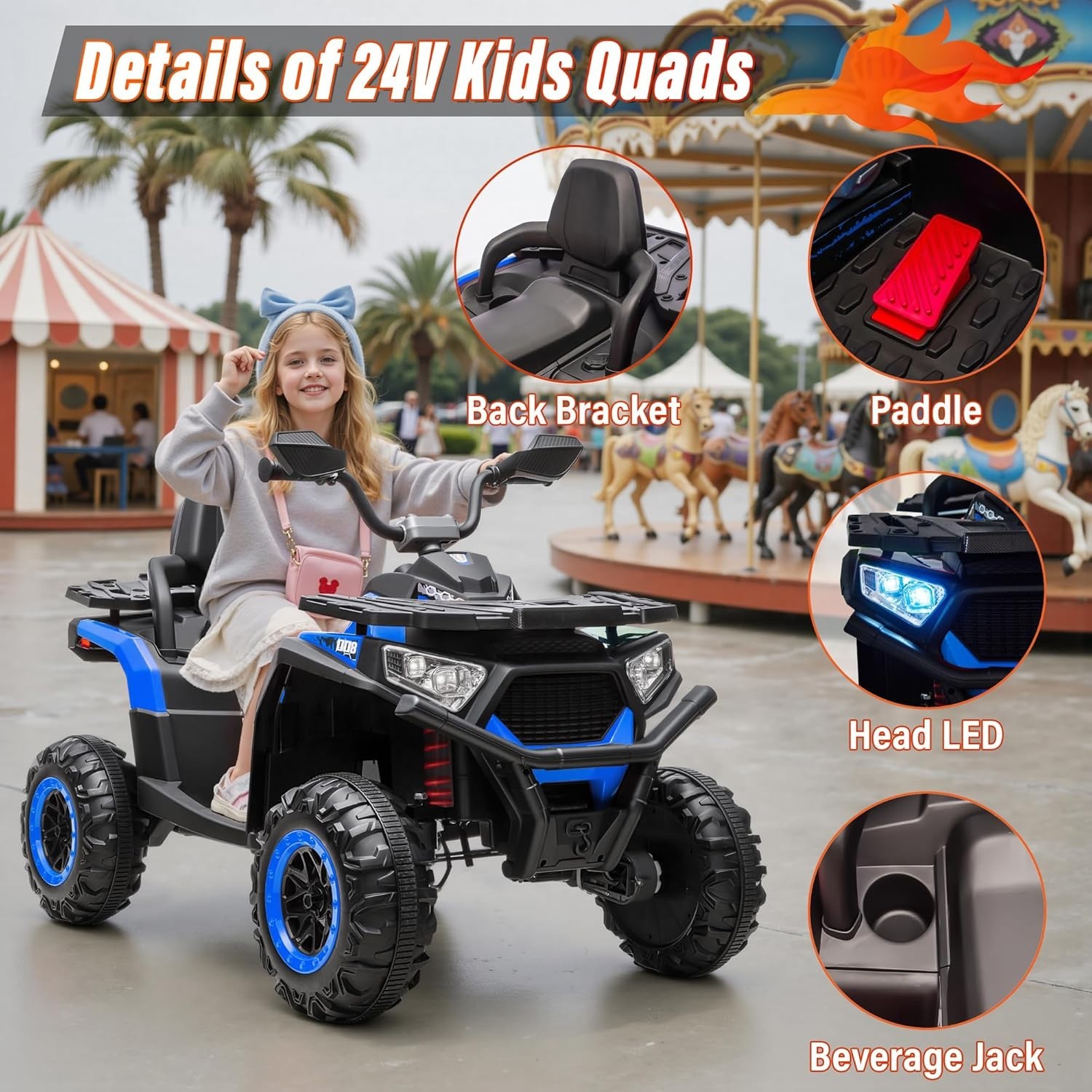24V 4×4 Kids ATV 2-Seater 4x200W Bluetooth Ride On 4 Wheeler w/ Kneepads Black