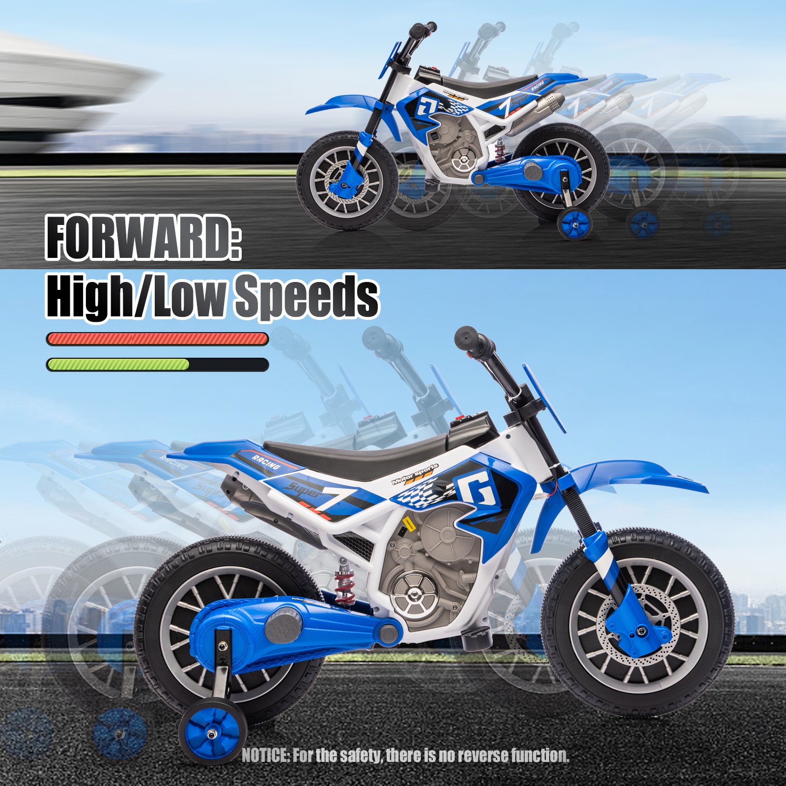 12V Kids Ride On Motorbike Motorcycle Dirt Bike with Music,Training Wheels Blue