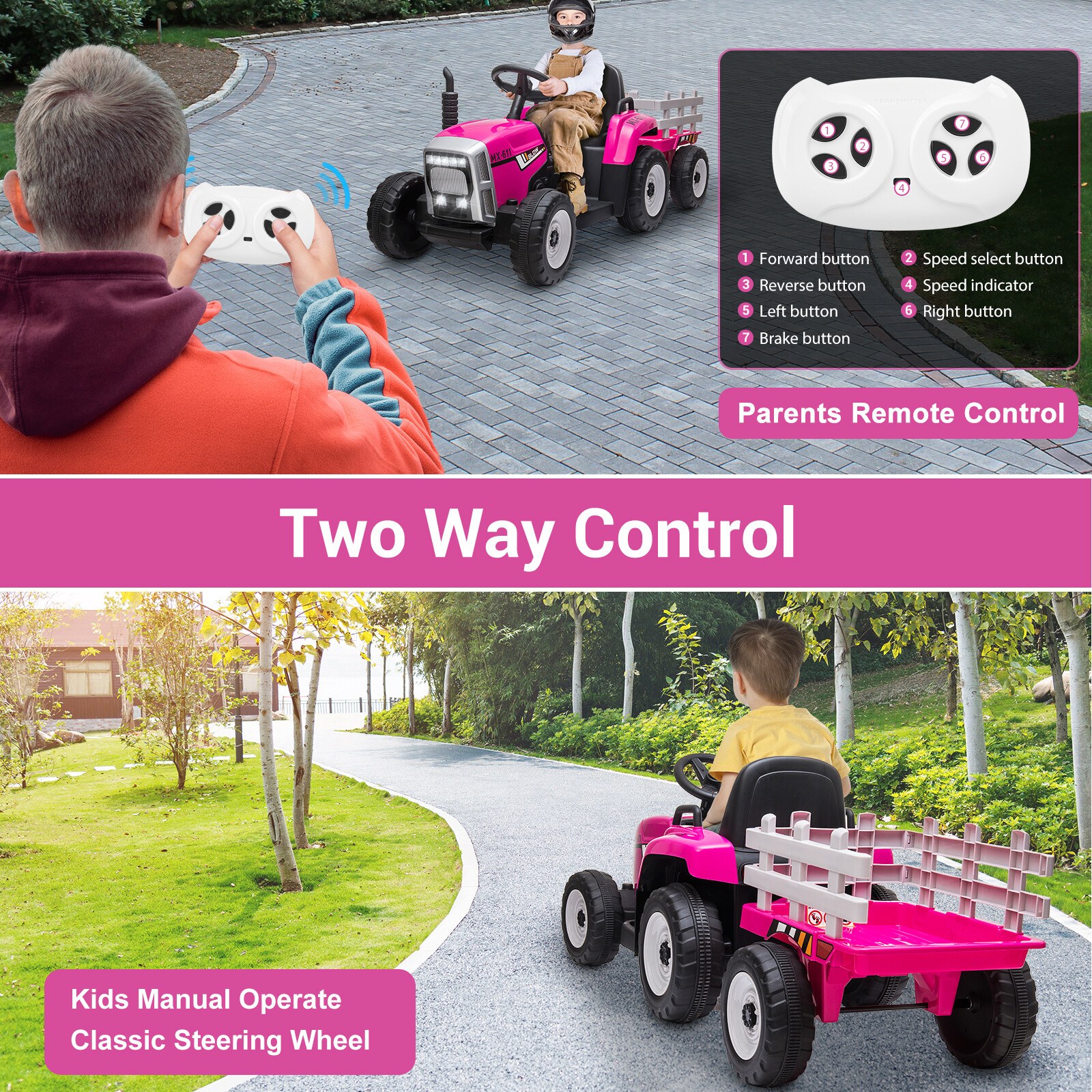 Kids Electric Ride on Tractor with Trailer 12V Battery Powered Car Toy w/ Remote