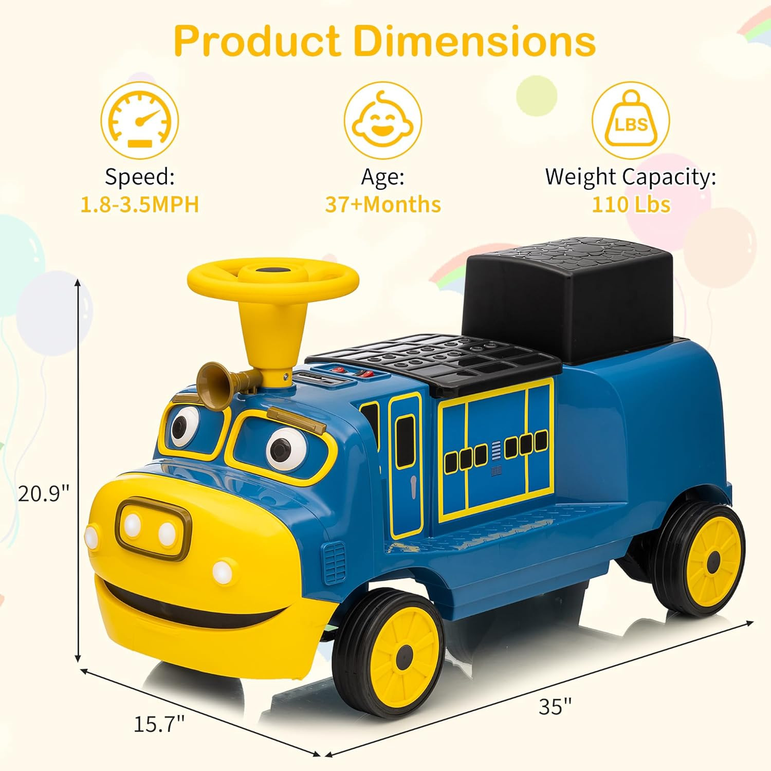 2 Seater Ride on Train Trackless, 12V Kids Ride on Toy with Height Adjustable Se