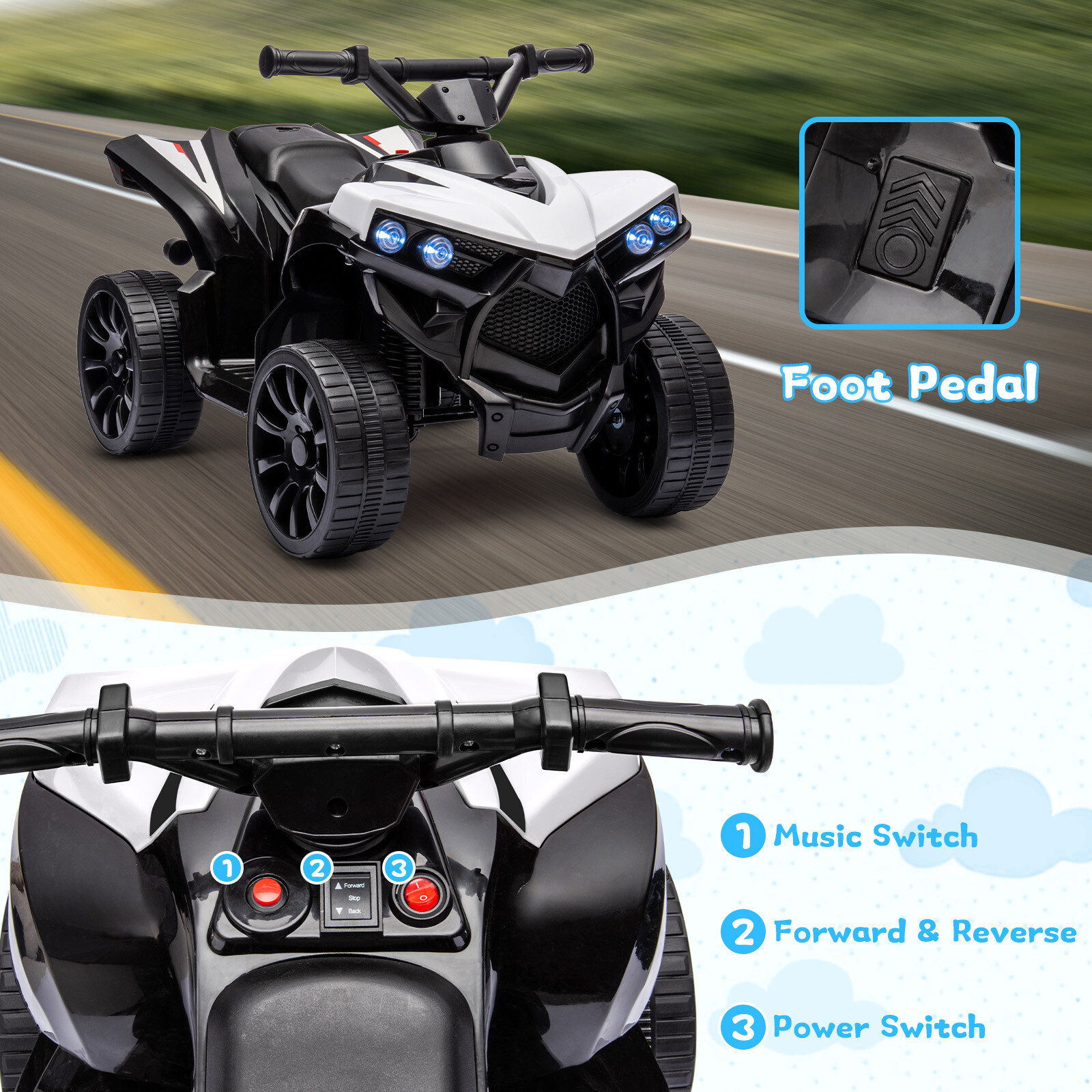 Kids Ride on Toy Car, 6V Battery Powered Quad Electric Vehicle with LED Lights