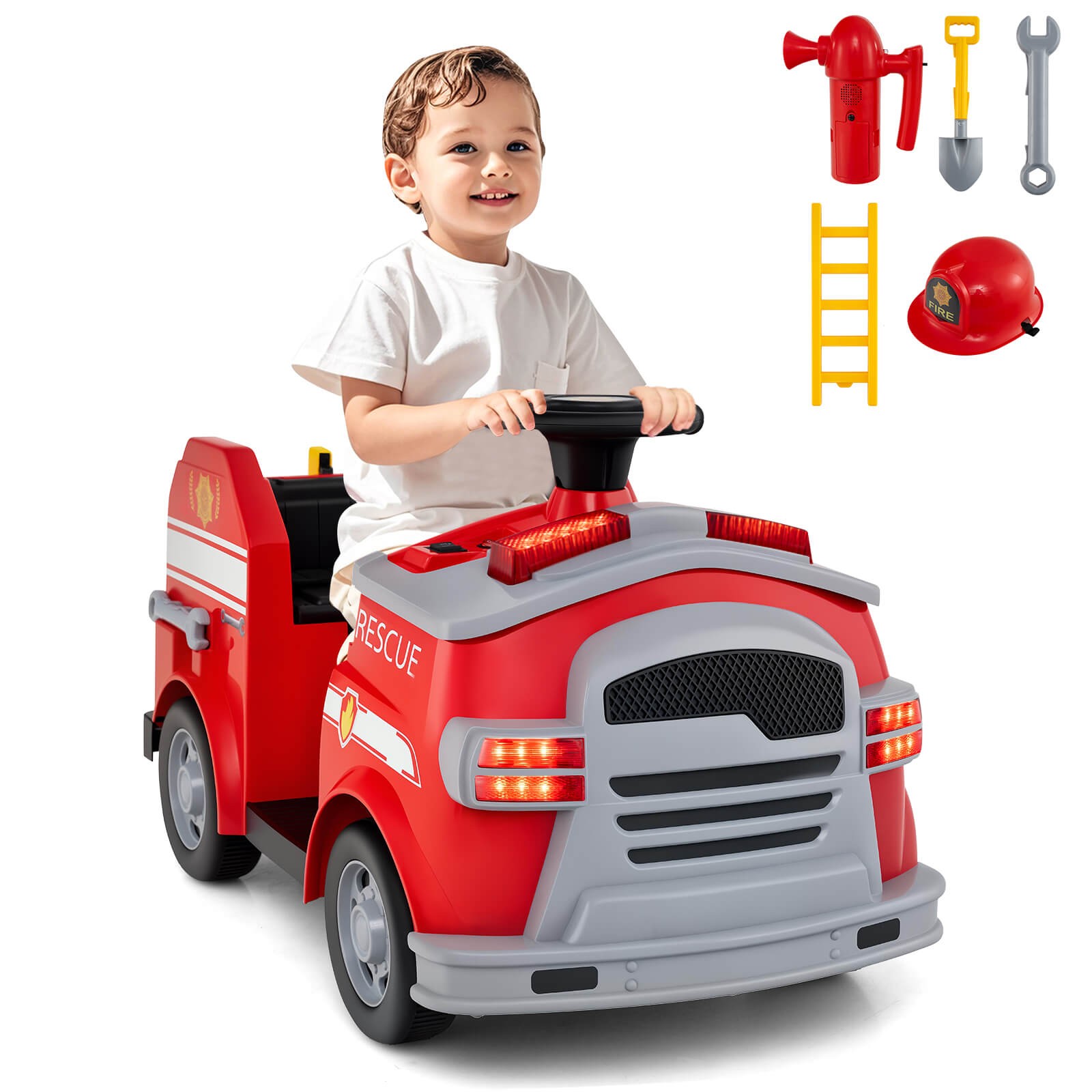 12V Kids Ride on Fire Truck Toddler Fire Toy Car w/ Shovel & Wrench Red
