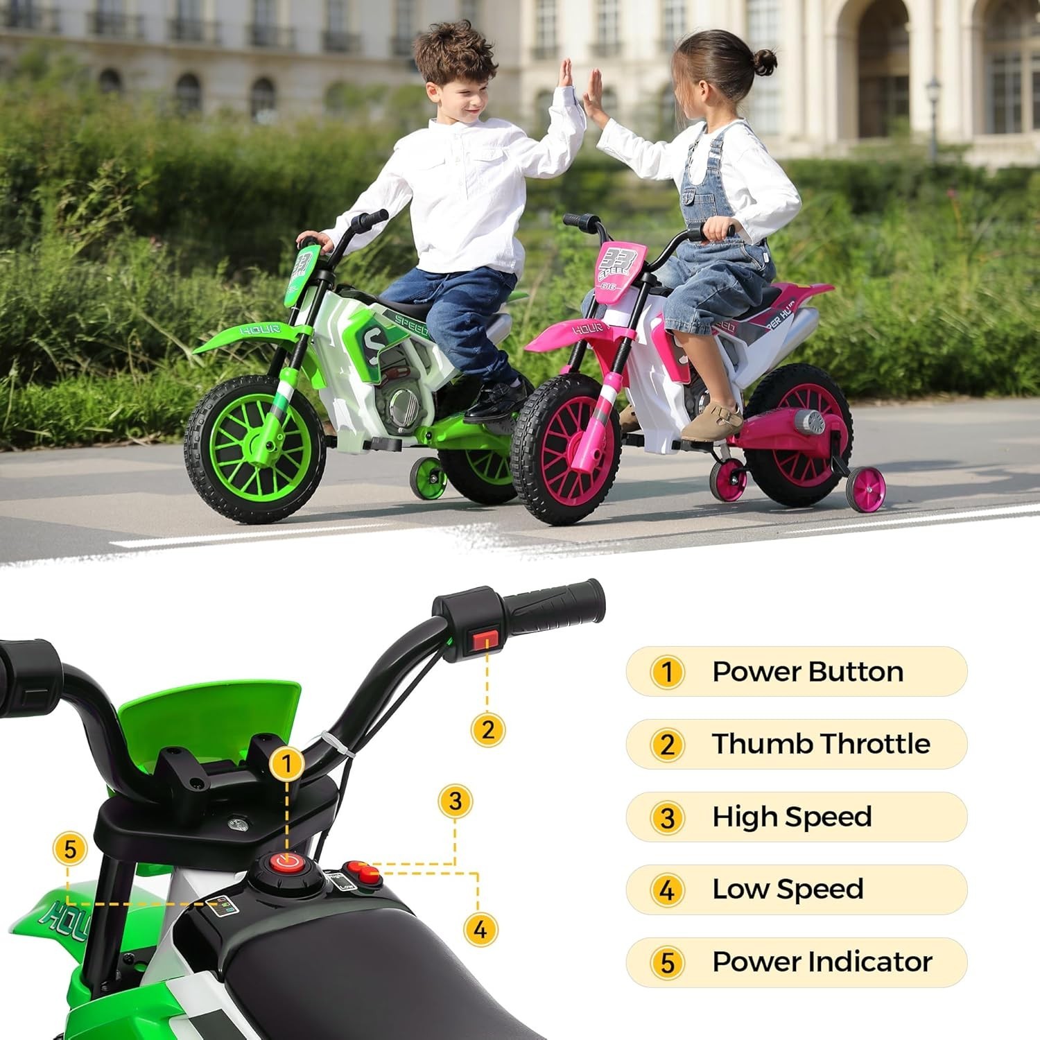 TOBBI 12V Electric Motorcycle for Kids, Motorized Vehicles w/ Training Wheels