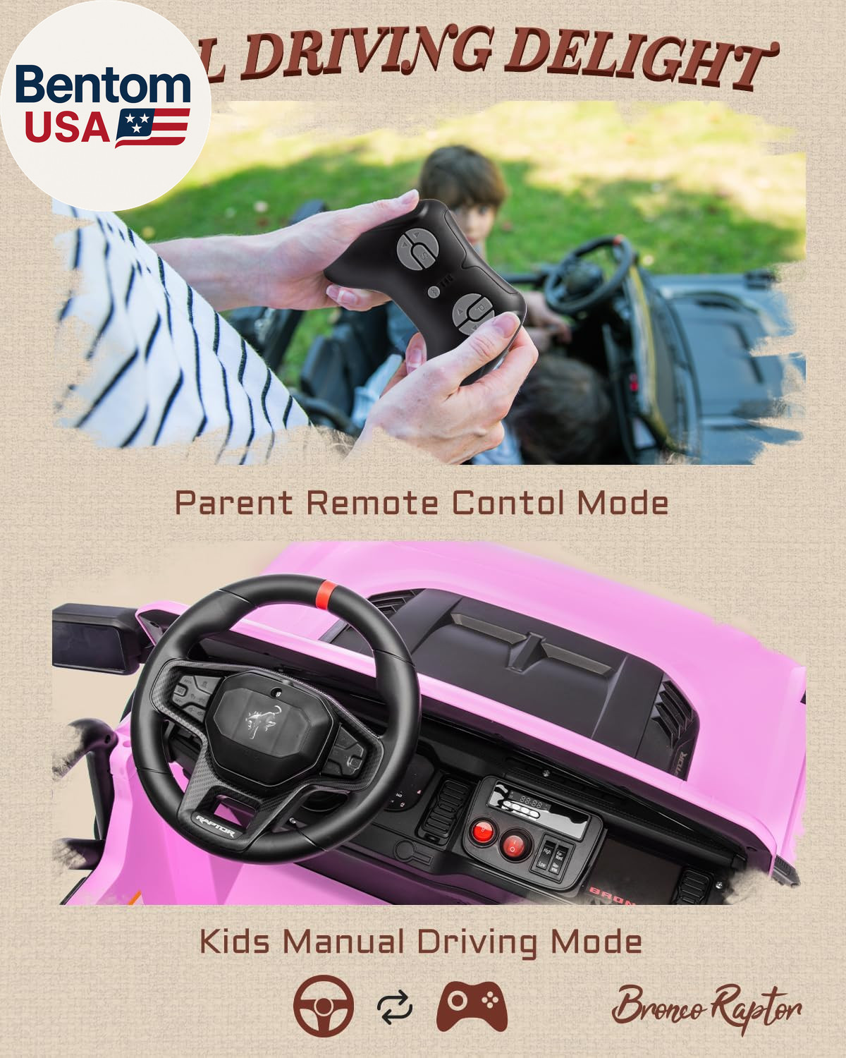 24V Ride on Toys for Big Kids, Licensed Ford Bronco Raptor 2 Seater Ride on Cars