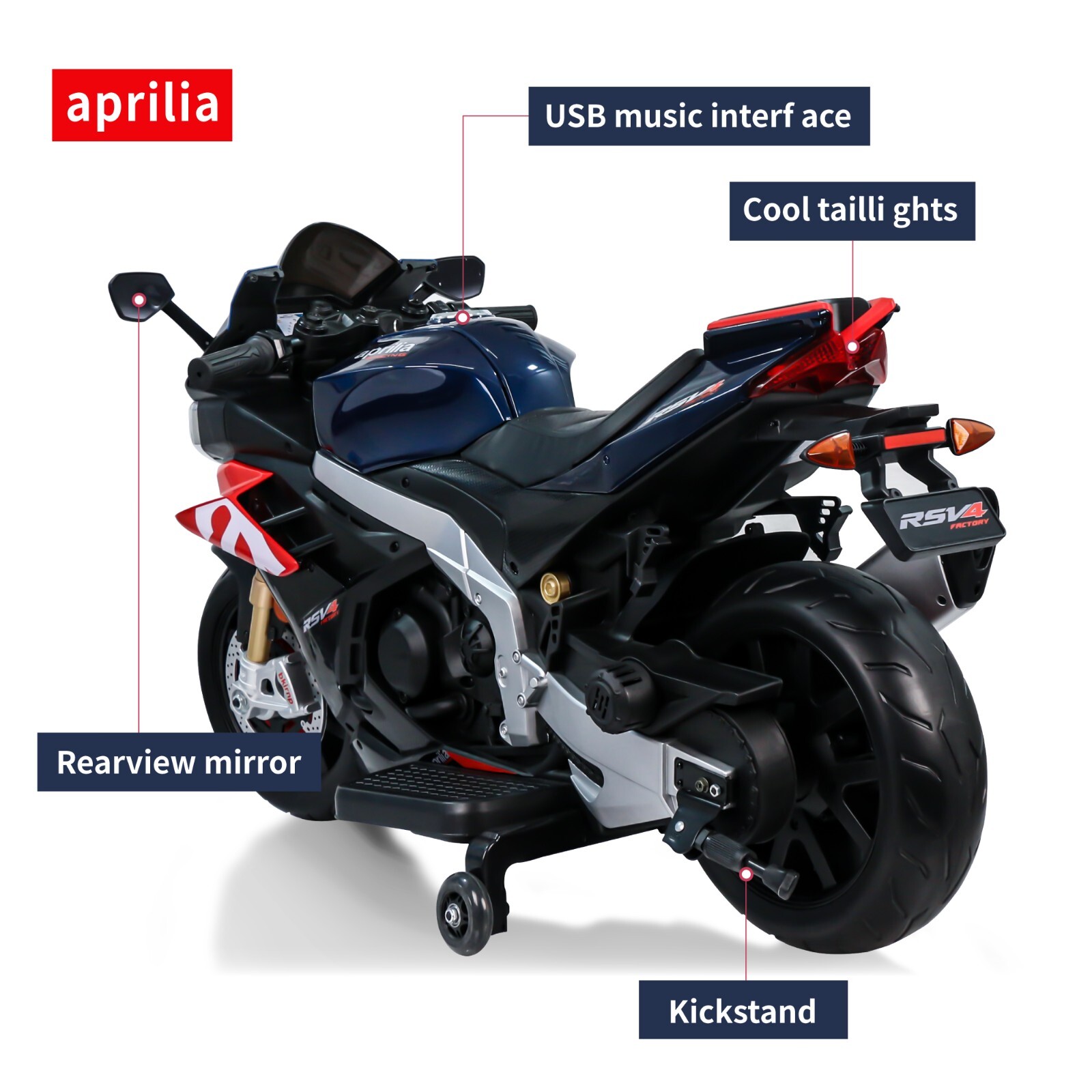 24V Kids Electric Motorcycle 12mph Dirt Bike Blue 250W Motor Bluetooth Music LED