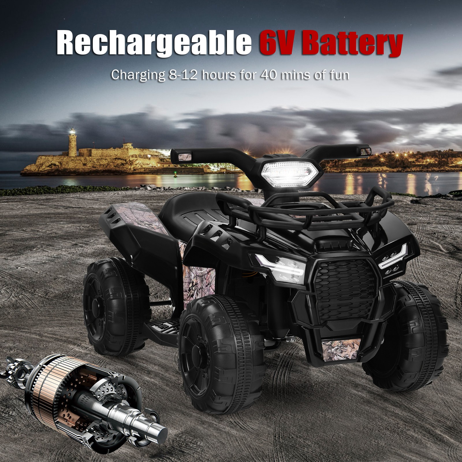 Honeyjoy 6V Kids ATV Quad Electric Ride On Car Toy Toddler w/MP3&LED Light Black
