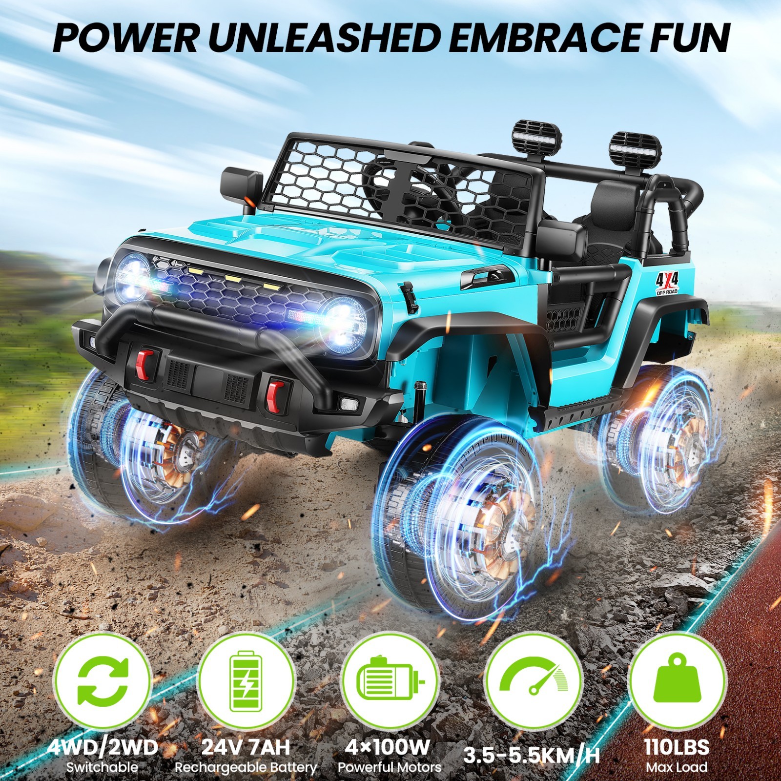 2 Seater Ride on Car w/Remote Control 24V 4WD/2WD Switchable 4x100W Motors Gift-