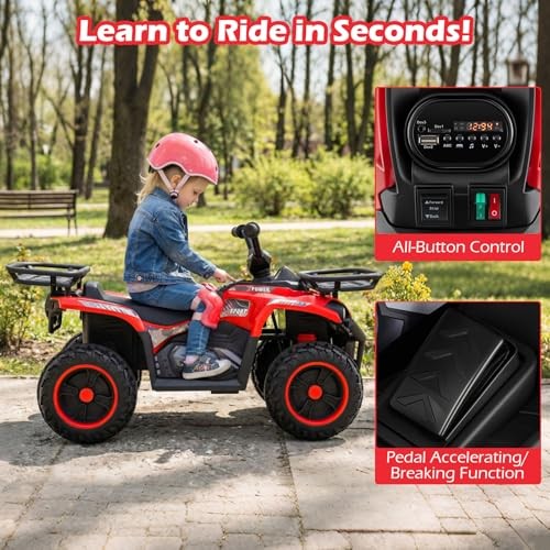 Kids ATV Quad with 2 Speeds, Spring Suspension, LED Lights, Music & Red 12V