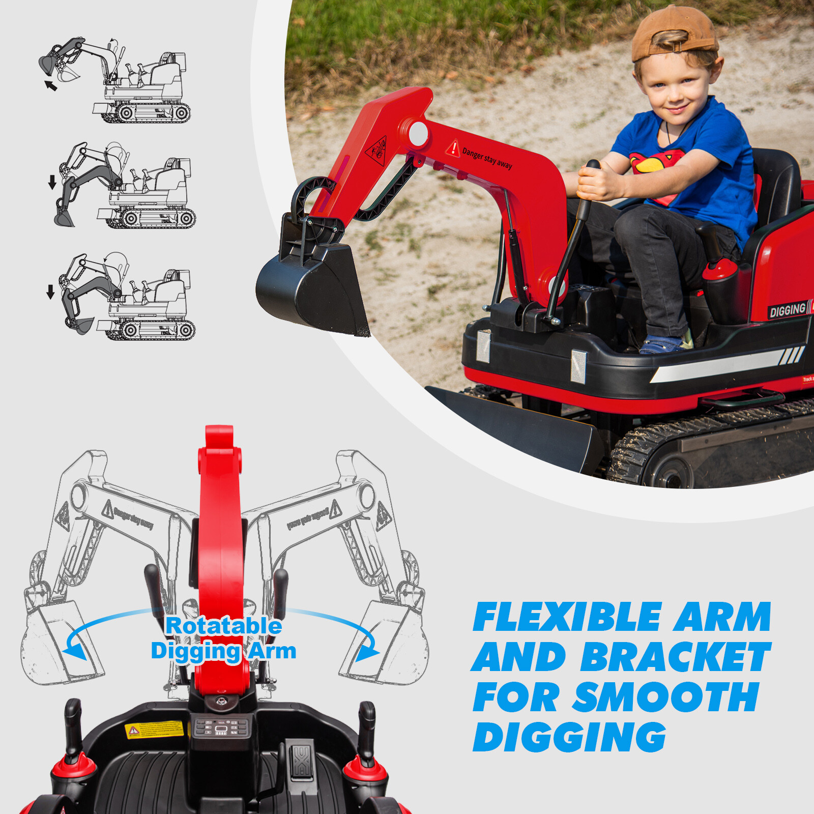 2IN1 12V 360° Kids Red Ride on Traxcavator Excavator Toys with Remote Control