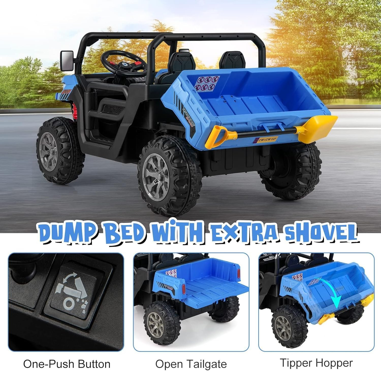 2 Seater Ride on Car, 12V Off-Road UTV Electric Vehicle with Remote Control, Dum