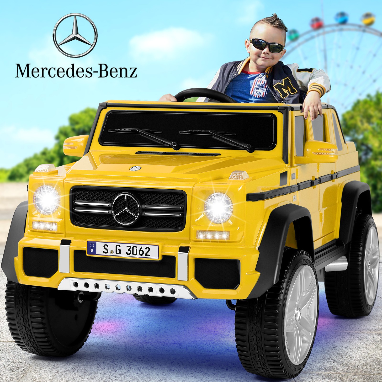 12V Battery Kid Yellow Ride On Car Electric Mercedes-Benz Truck w/LED,MP3,Remote