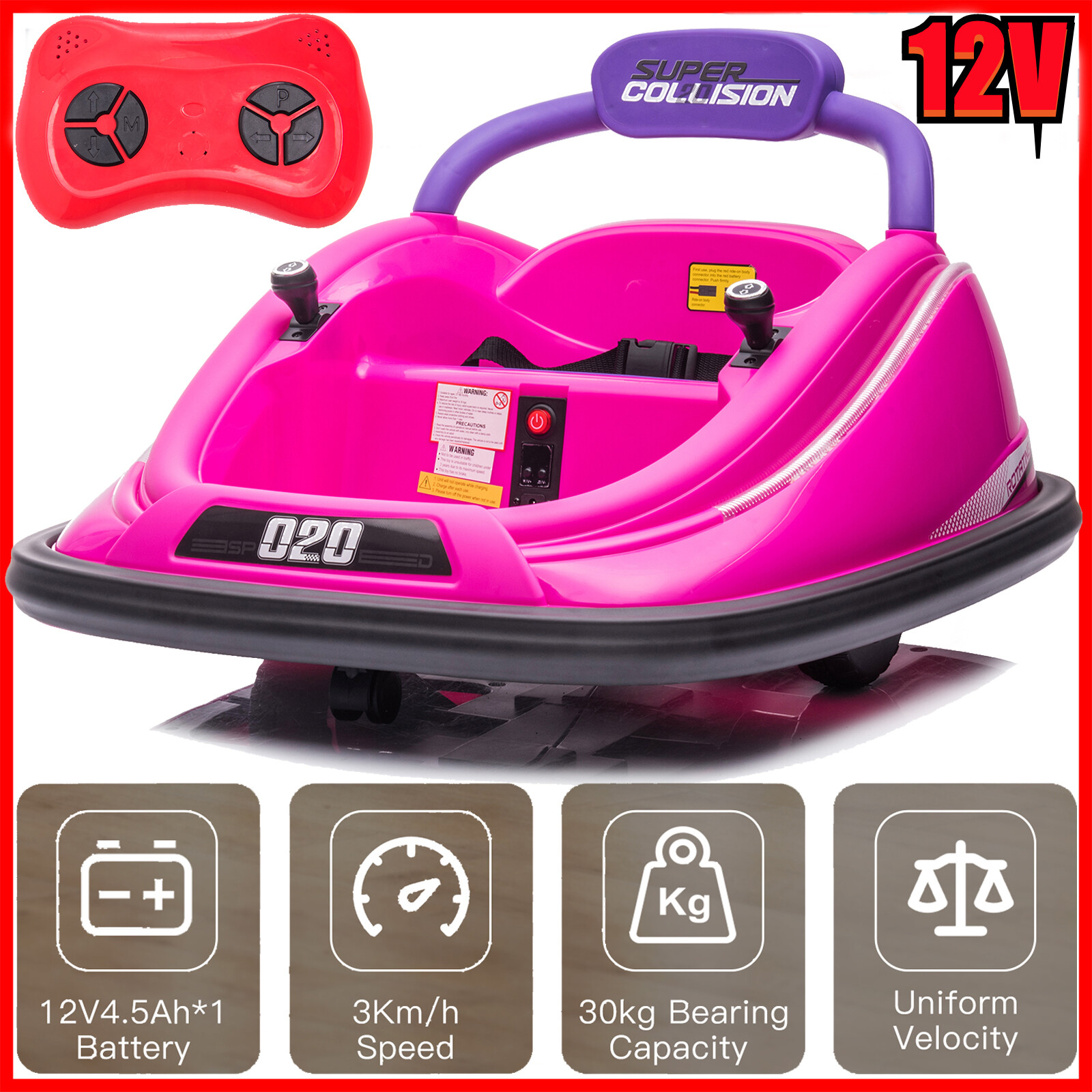 12V Kids Bumper Car Twins Motor w/Parent Remote Control LED Light 360° Rotation