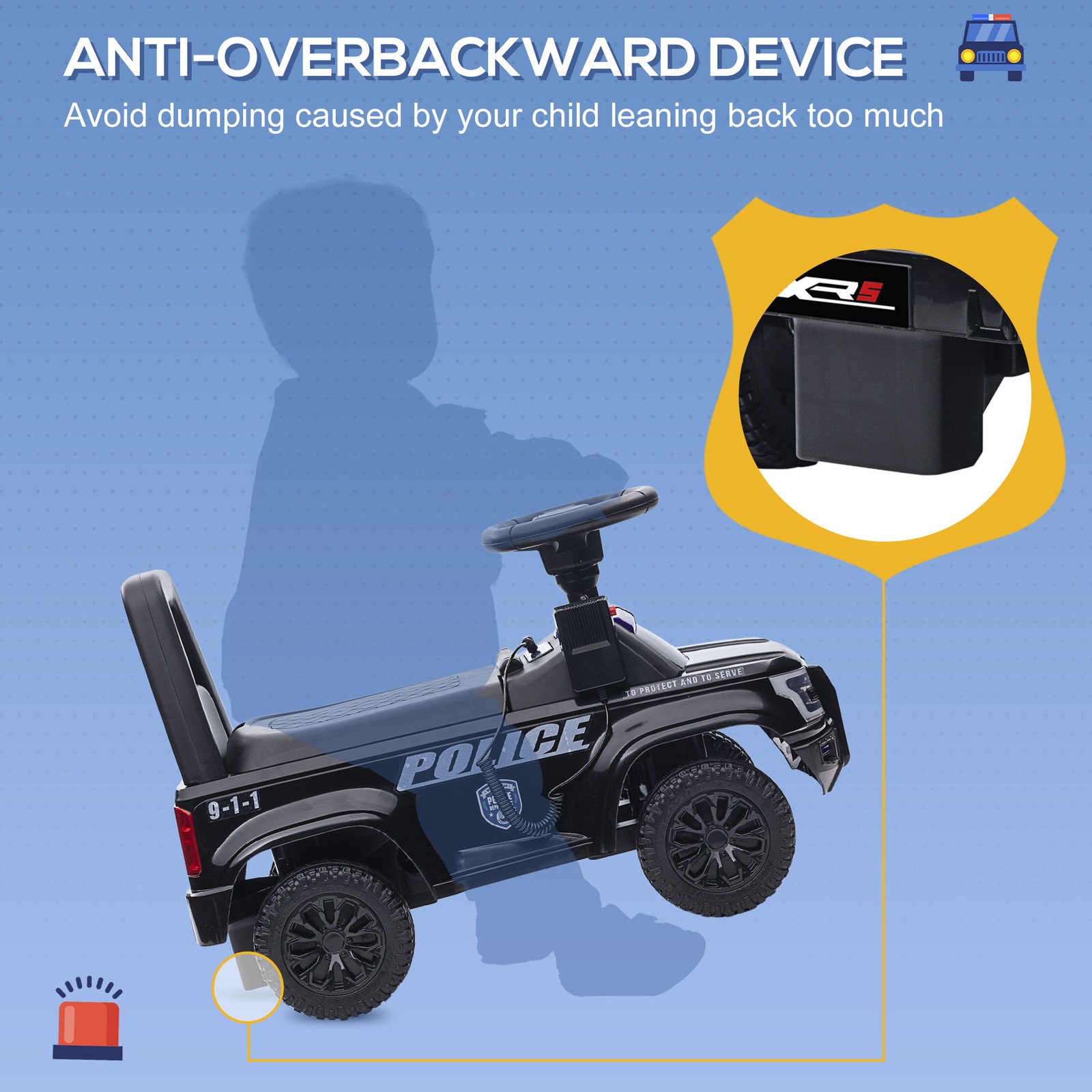 Kids Sliding Car Police Truck Style Ride On W/ Under-Seat Storage Black