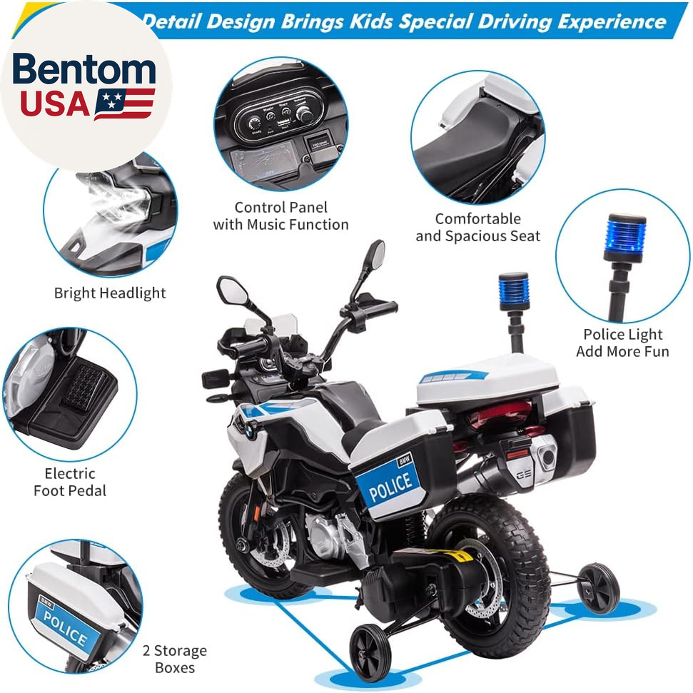 12V 7AH Kids Motorcycle, Licensed BMW Ride on Police Motorcycle for Kids with Hi