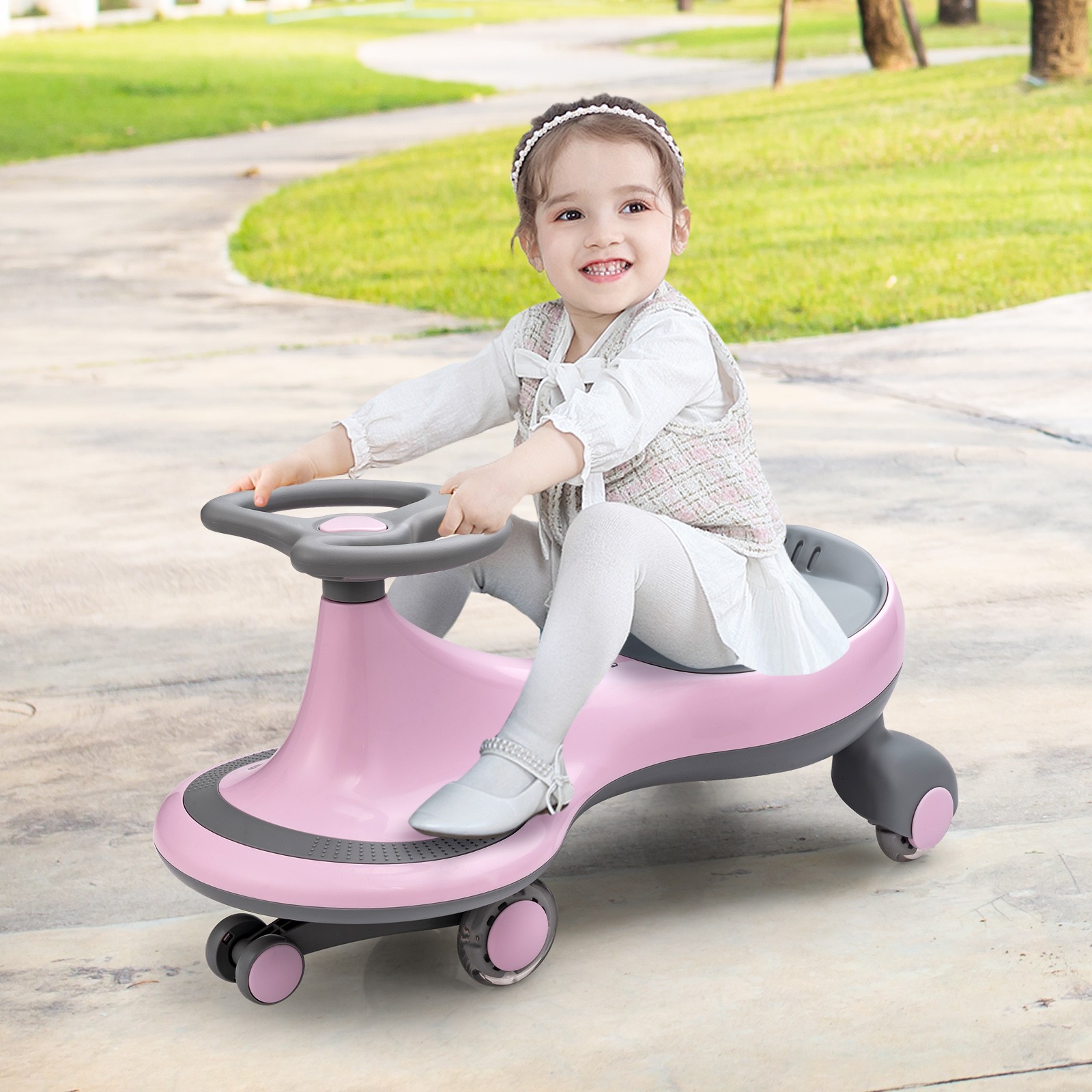 Babyjoy Wiggle Car Ride-on Toy w/ Flashing Wheels for Toddlers & Kids Pink