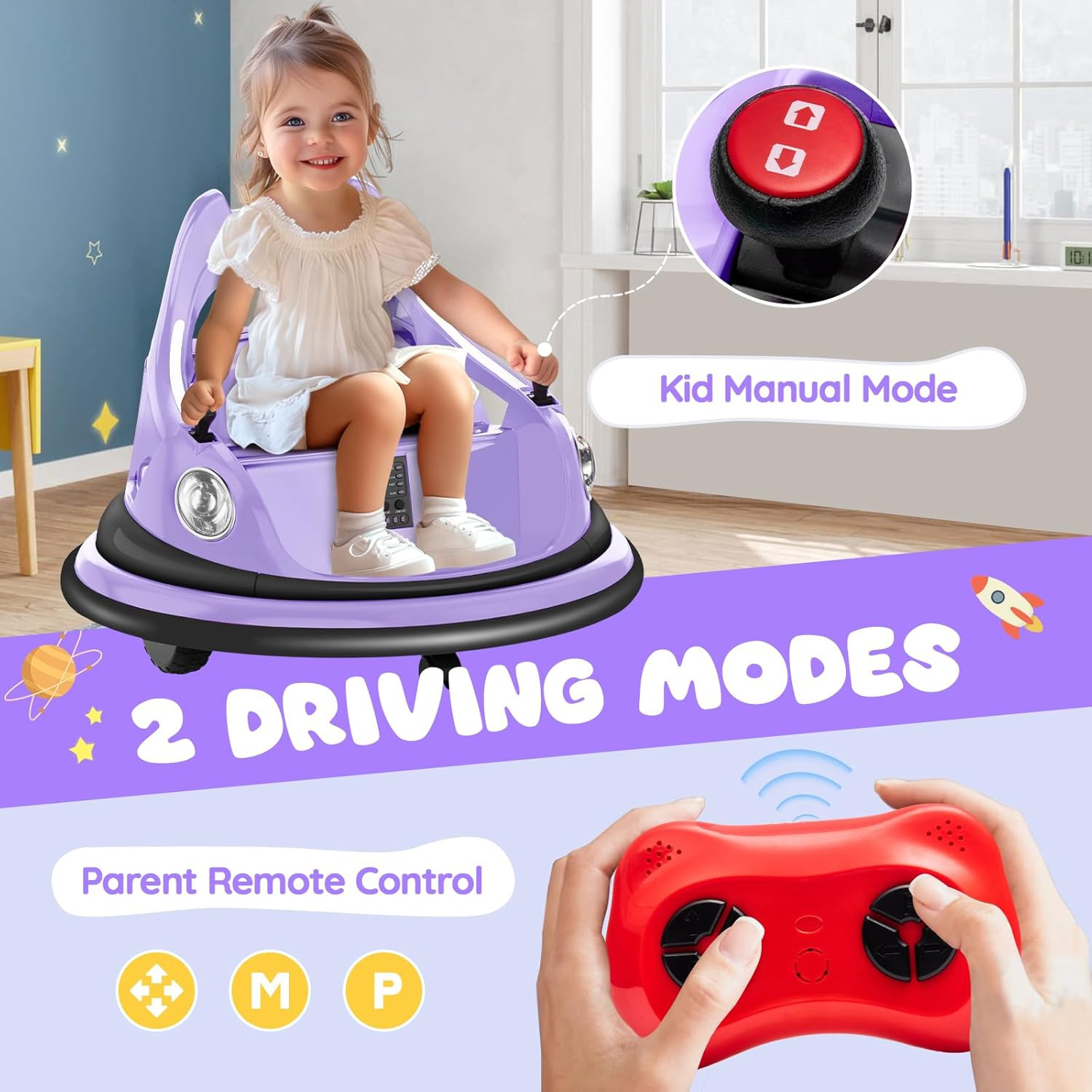 Lavender 12V Kids Bumper Car with Remote, 360° Spin, LED Lights & Music
