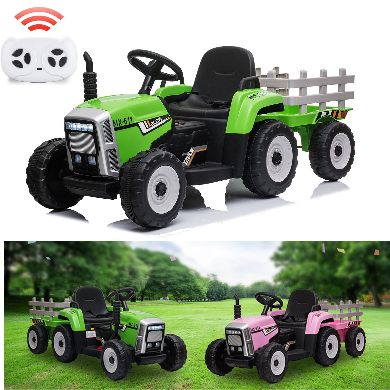 Kids Electric Ride on Tractor with Trailer 12V Battery Powered Car Toy w/ Remote