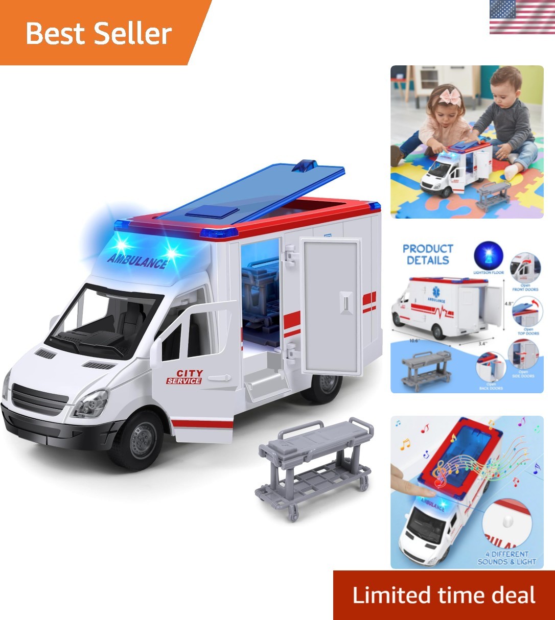 Friction-Powered Ambulance Toy with 4 Flashing Lights & Sounds – Safe for Kids