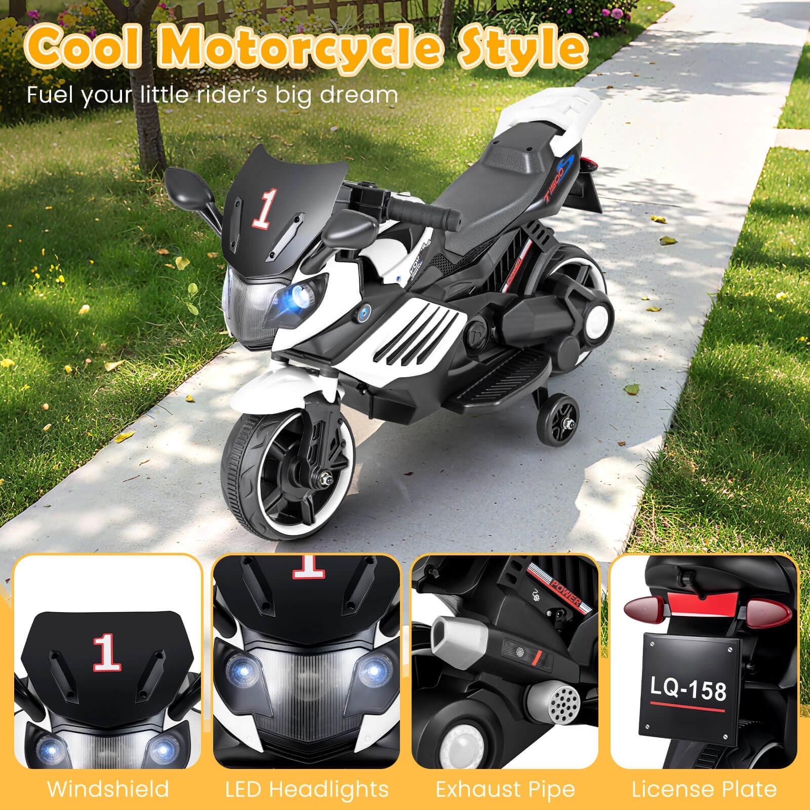 6V Kids Motorcycle w/Music, Horn, Detachable Training Wheels & LED Headlights