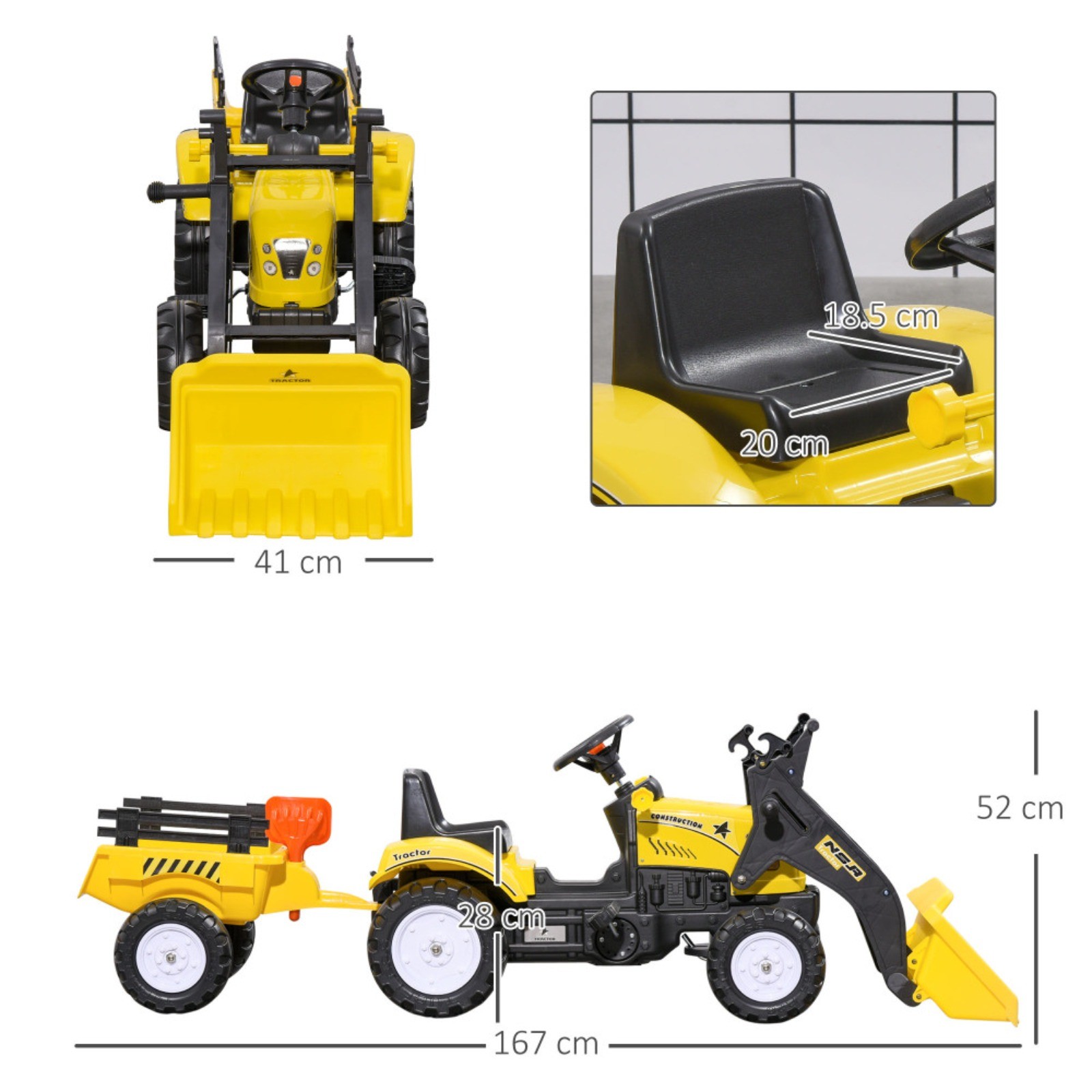 Aosom Kids Ride On Excavator Pedal Bulldozer Working Dirt Bucket 6 Wheels