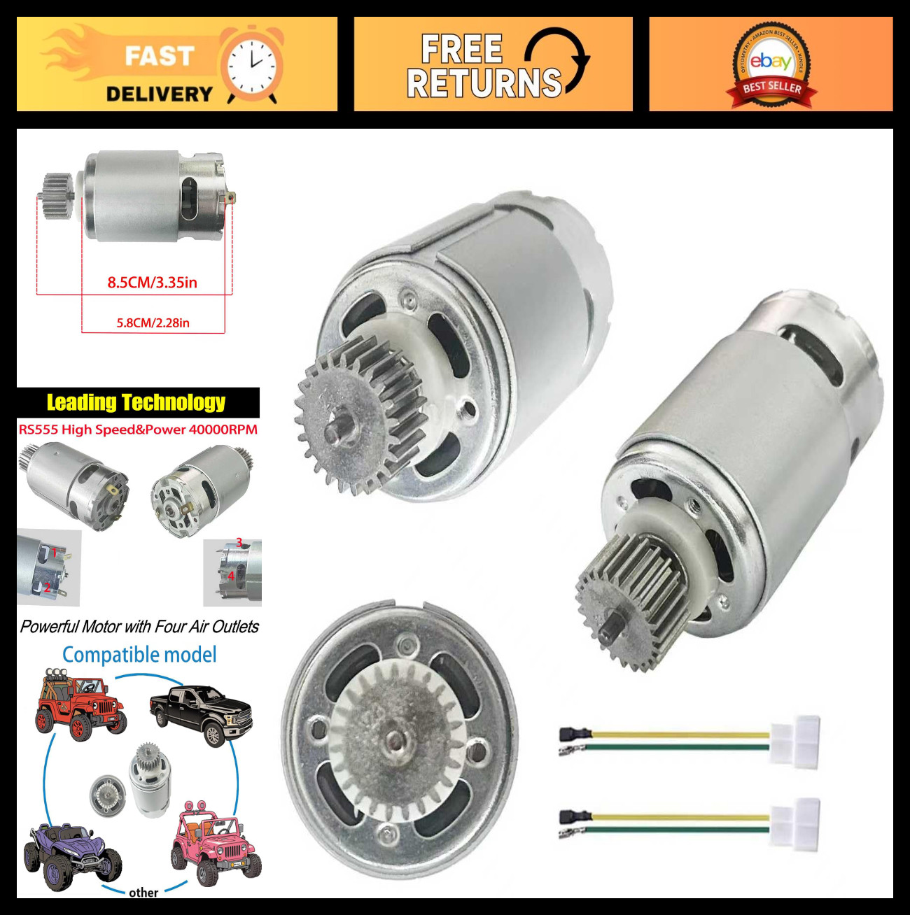 Powerful 24V DC Motor 40000RPM with 23T Pinion Gear for Kids Ride-On Cars Upgrad