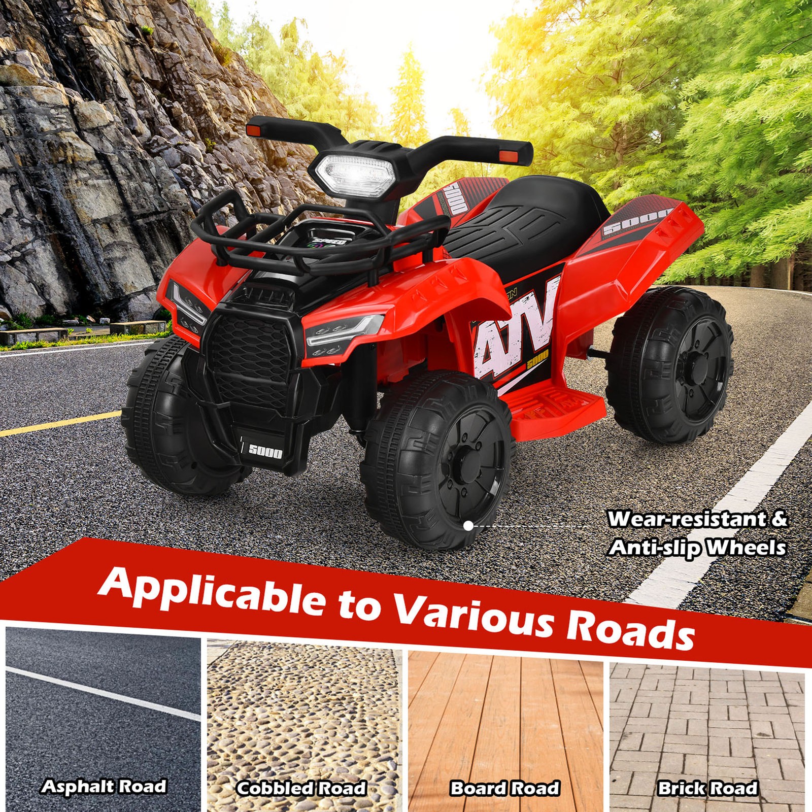 6V 4 Wheels ATV Quad Ride On Car Kids Ride-On Toy w/ Music Horn LED Light Red