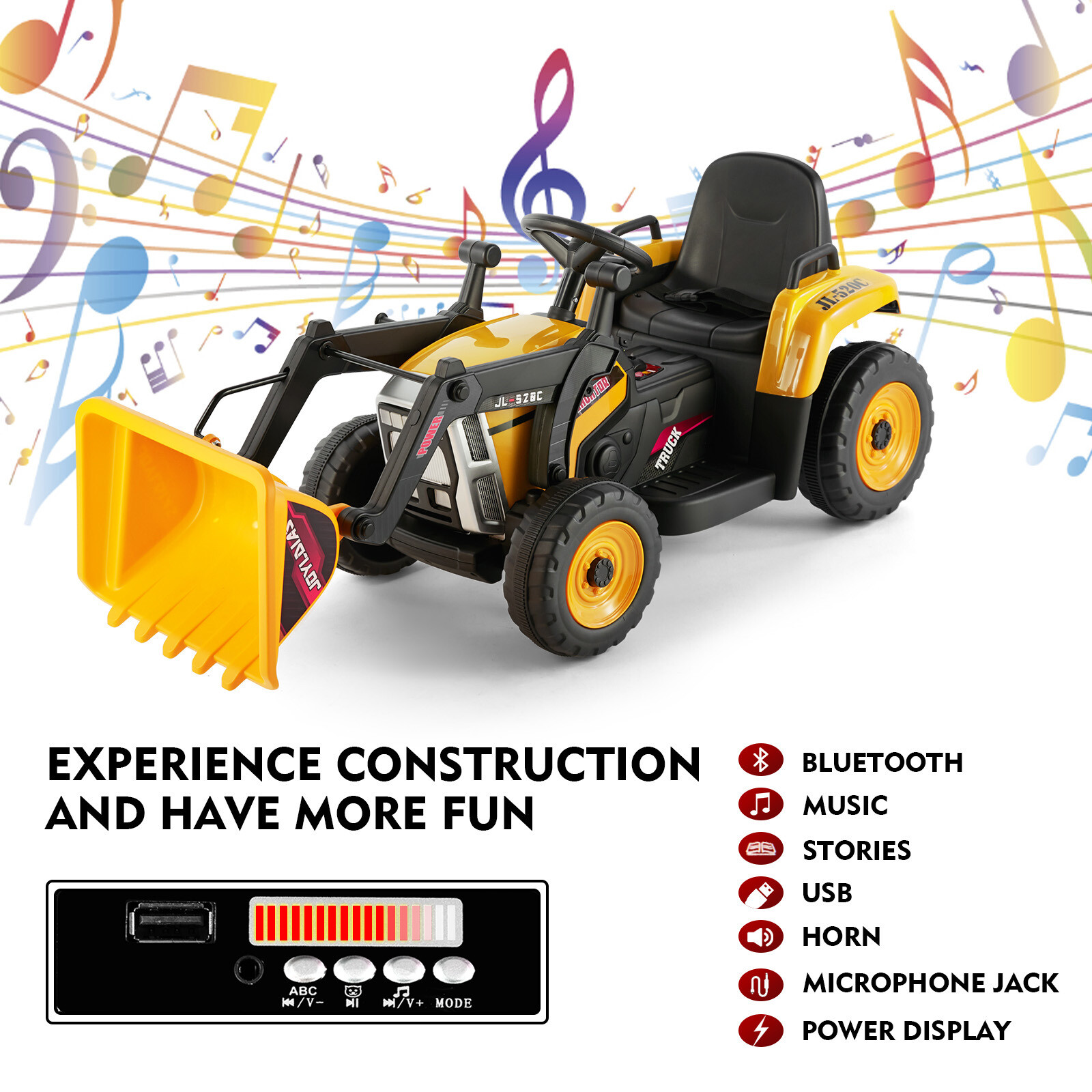 12V Electric Ride On Excavator Digger 3 Speeds Bluetooth Music Light w/RC Yellow