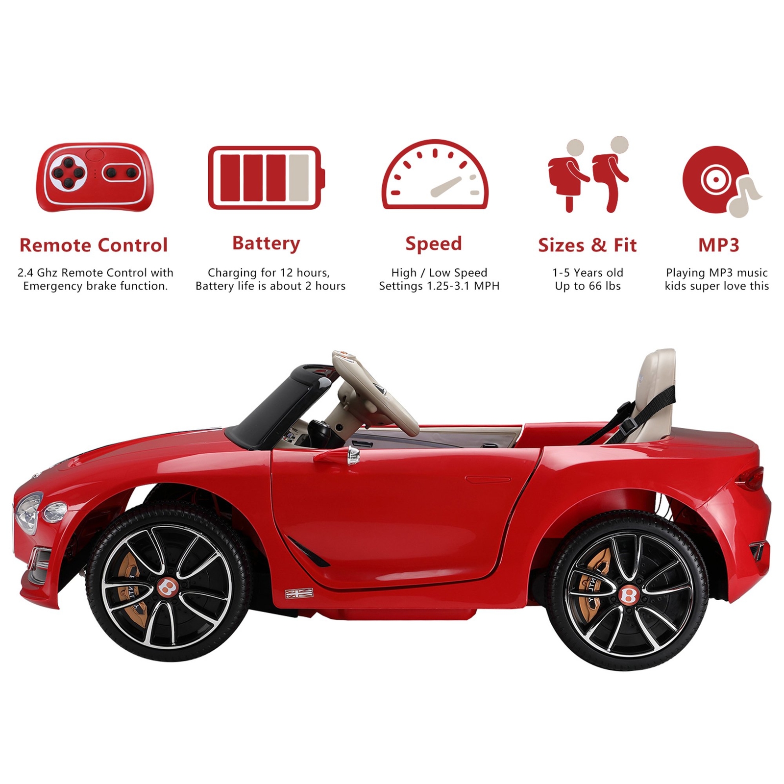 12V Kids Ride on Car Battery Powered Electric Toys Bentley Licensed with Remote