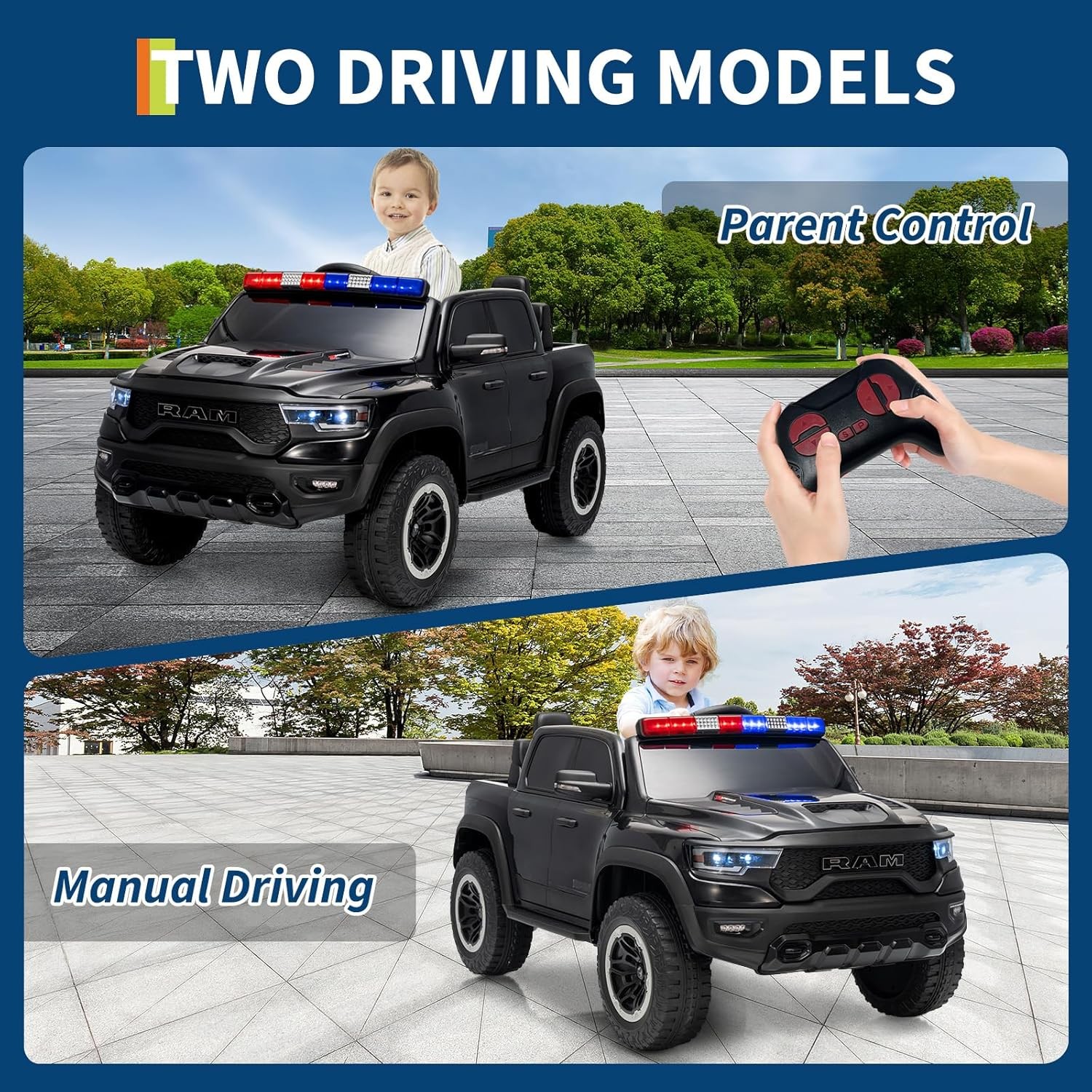 12V Kids Ride On Car with Remote Control,Electric Pickup Truck with Police Light