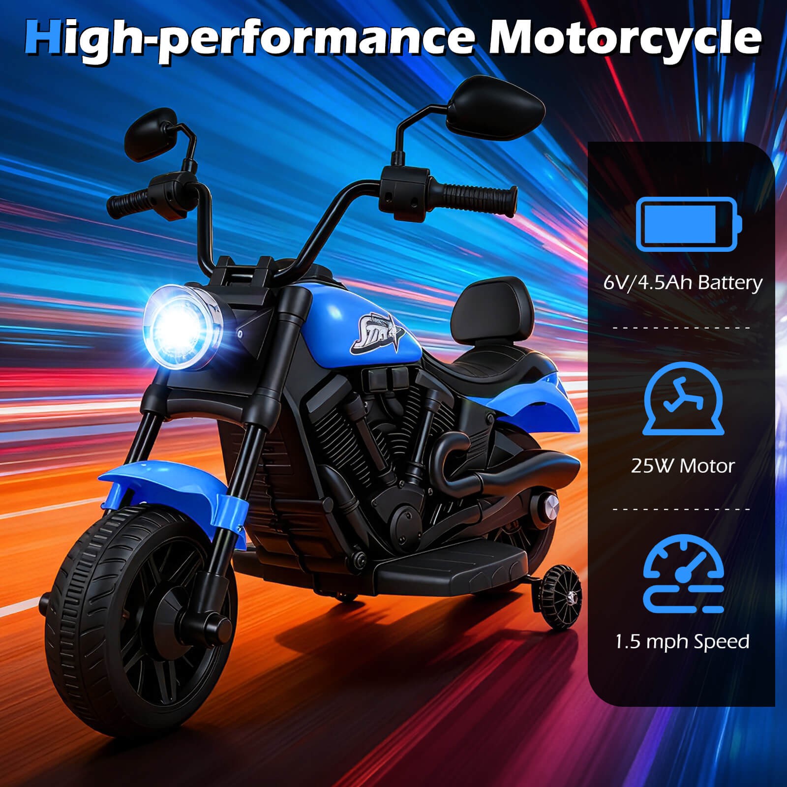 Kids Motorcycle w/Headlight, Music, Training Wheels, Foot Pedal for Boys Girls