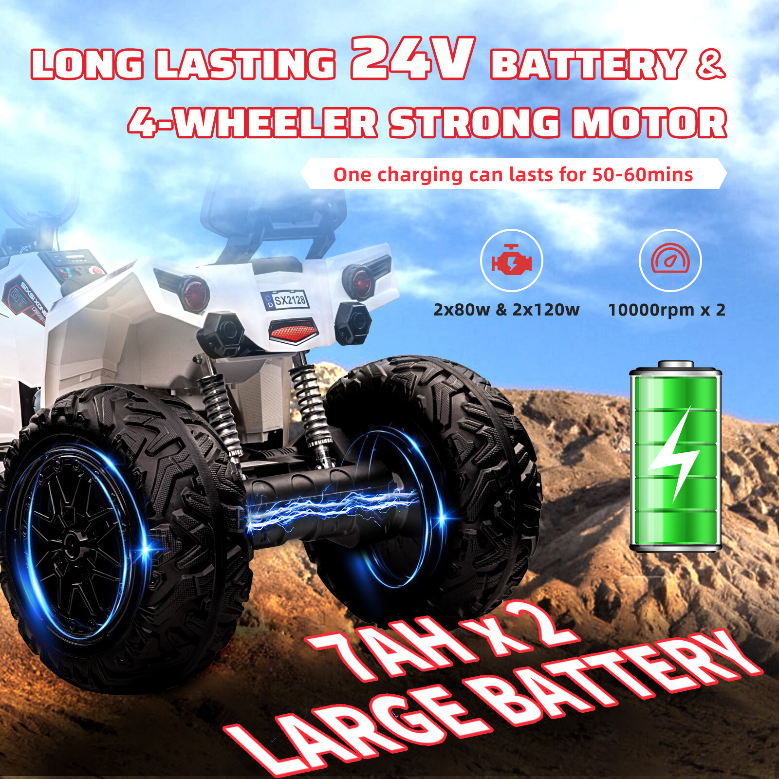 Kids ATV Car, 24V Ride On Car 4WD Quad Electric Vehicle, 4x80W Powerful Engine