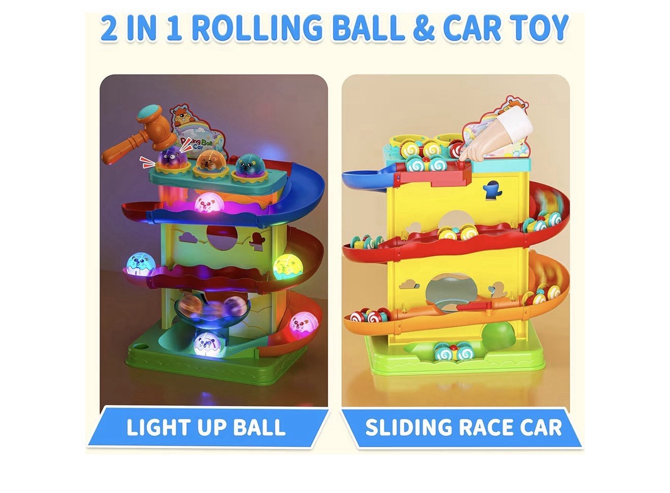 Funwee 2-in-1 Light Up Rolling Ball Car Ramp Toy Toddler Kids Age 2+ Yellow