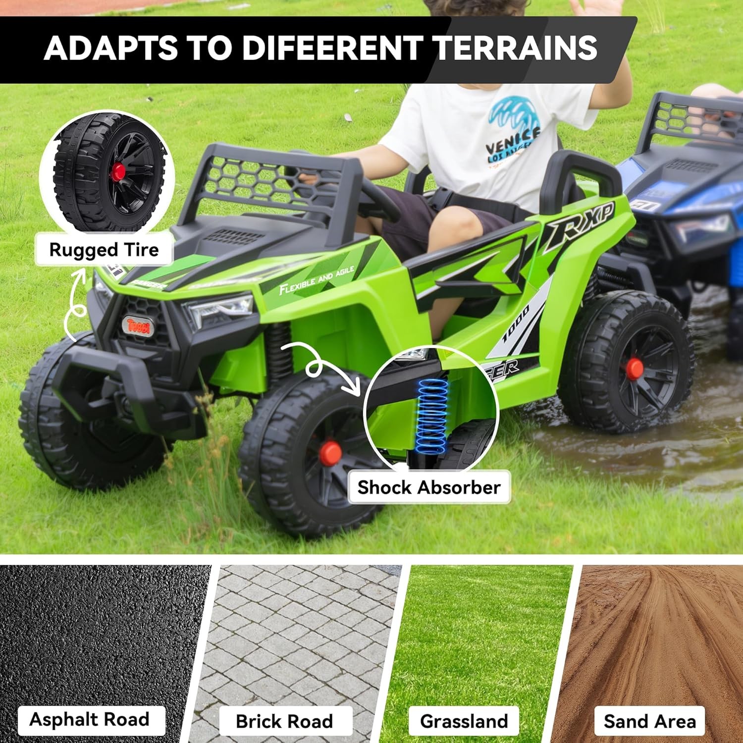 TOBBI 12V Kids Electric UTV Toy Battery Powered Off-Road Car with LED Lights