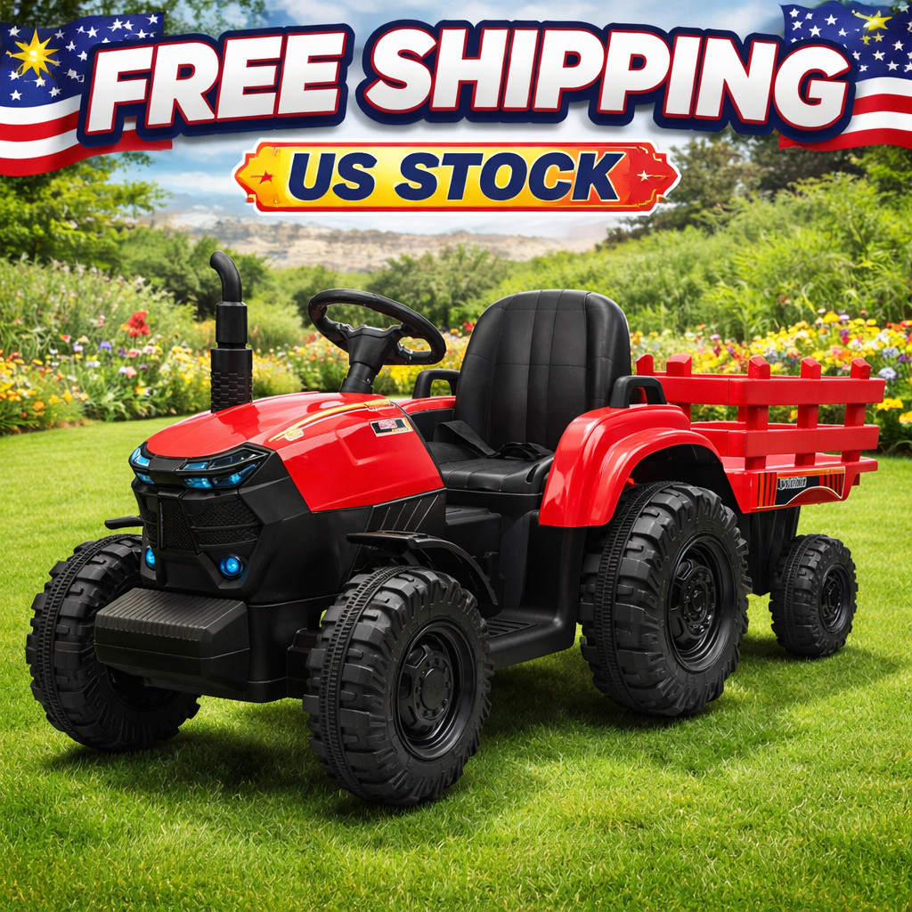 Tractor with Detachable Trailer Toddler Ride On Car/7-LED Headlight Electric 12V