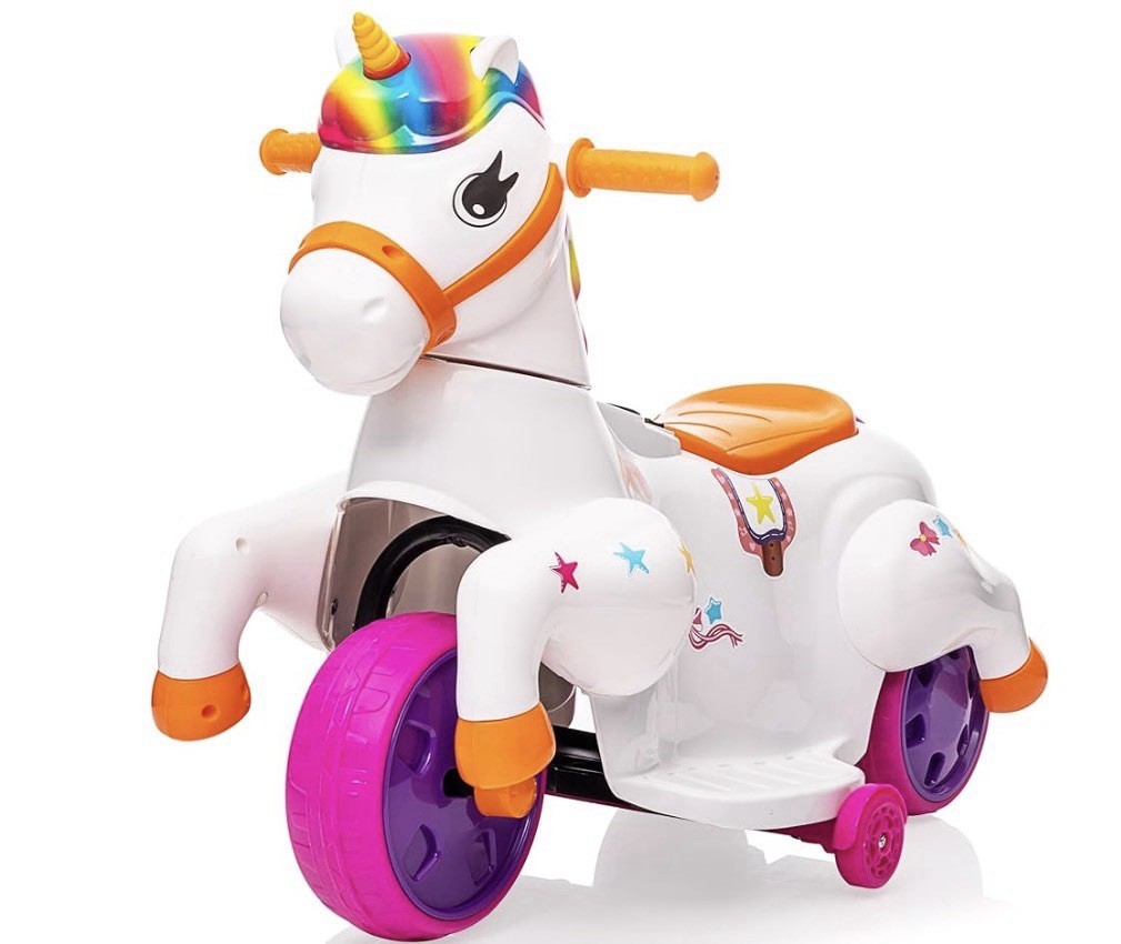 Kiddieland Unicorn 3-Wheel Ride-On Toy with Rainbow Horn and Purple Wheels