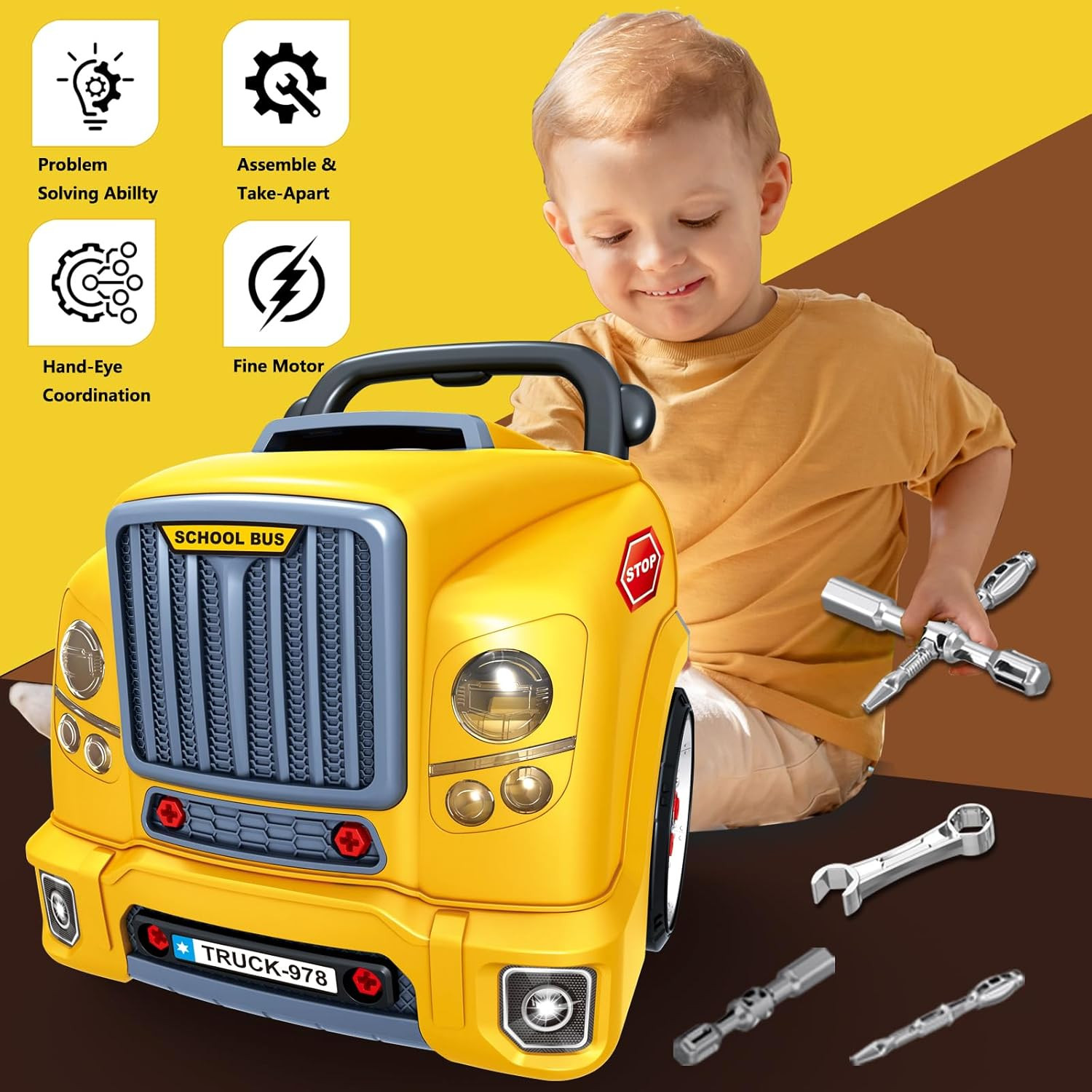 Large Truck Engine Toy for Kids 3-5, Take Apart Motor Vehicle Pretend Play Car w