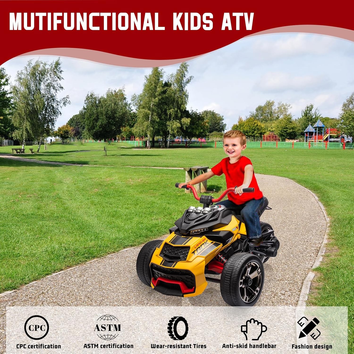 12V Electric 3-Wheel Kids ATV,Battery Ride-On Truck with Lights, USB, 7MPH Speed