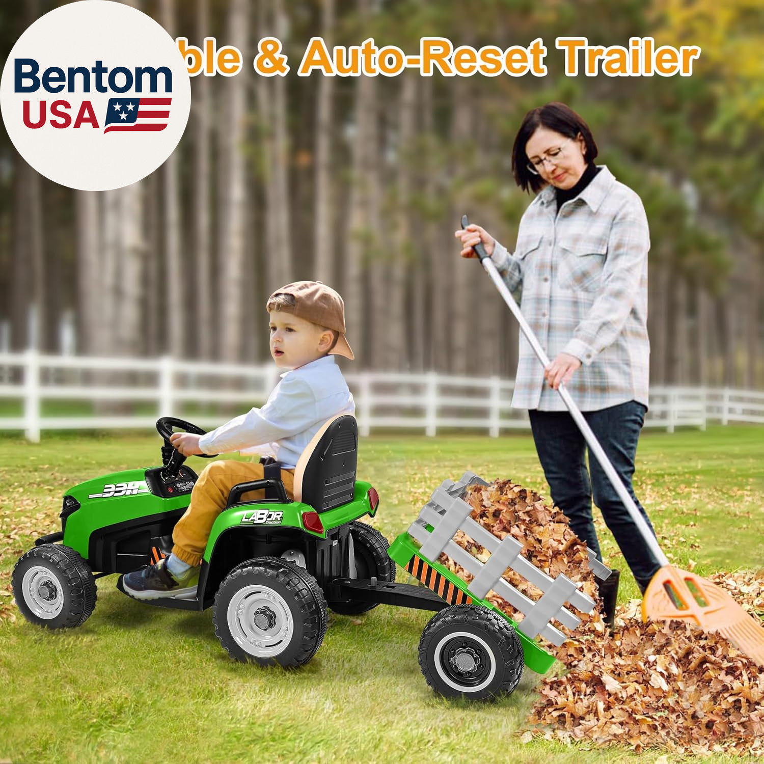 12V 7AH Ride on Tractor W/Tiltable Trailer & Remote Control, 2X45W Motors, Bluet