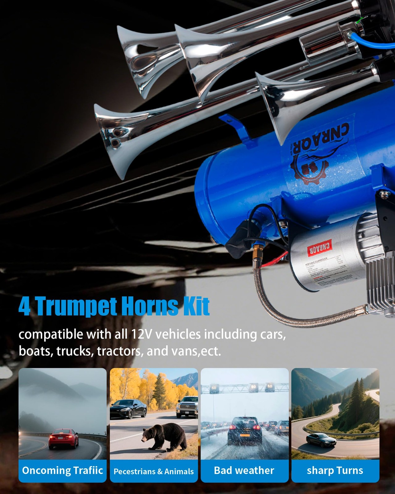 CNRAQR 178DB 4 Horns Train Horn with 1.6 gallon Air Tank and 150 PSI Compress…