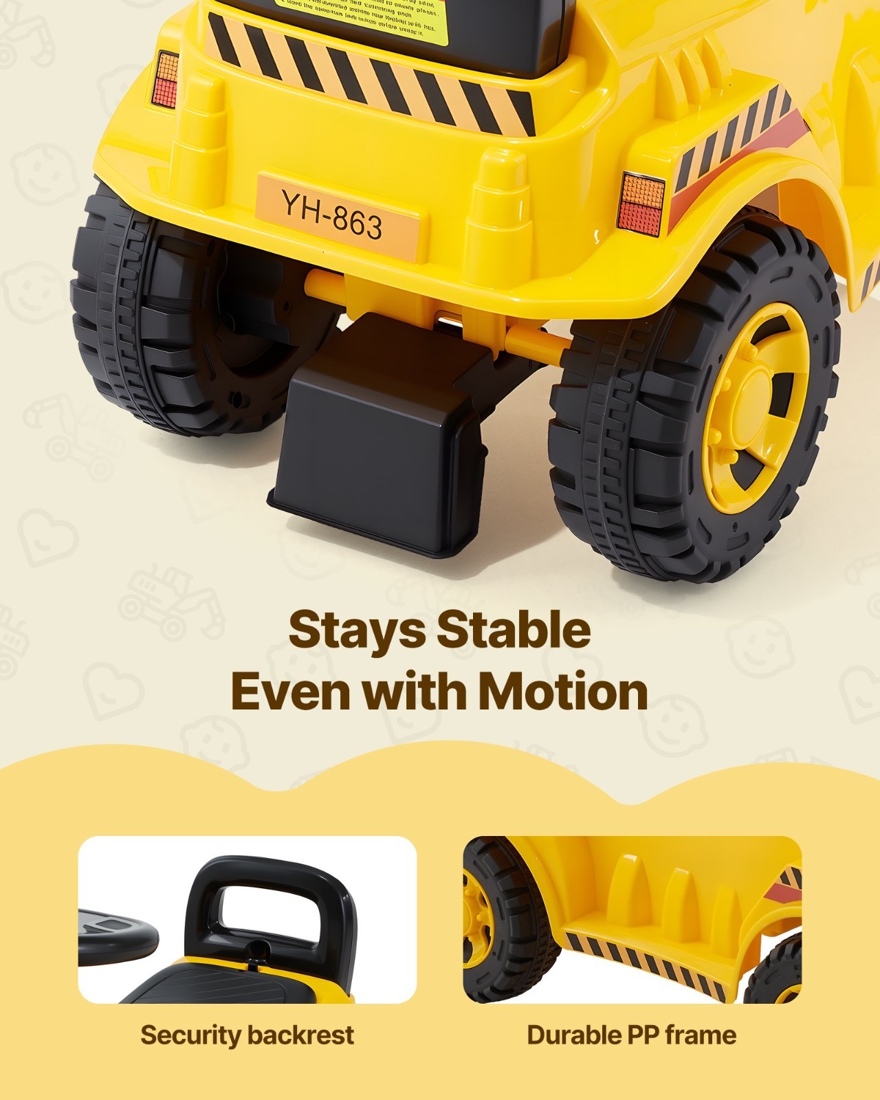Ride On Toddler Excavator Push Car 19-36 Months Music Helmet 55 lbs Foot to Floo