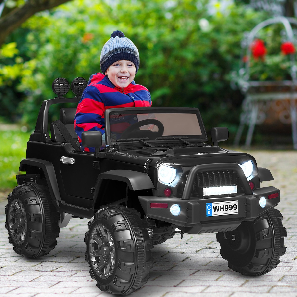12V Kids Ride On Truck RC Car Spring Suspension w/ LED Light Music Trunk Black