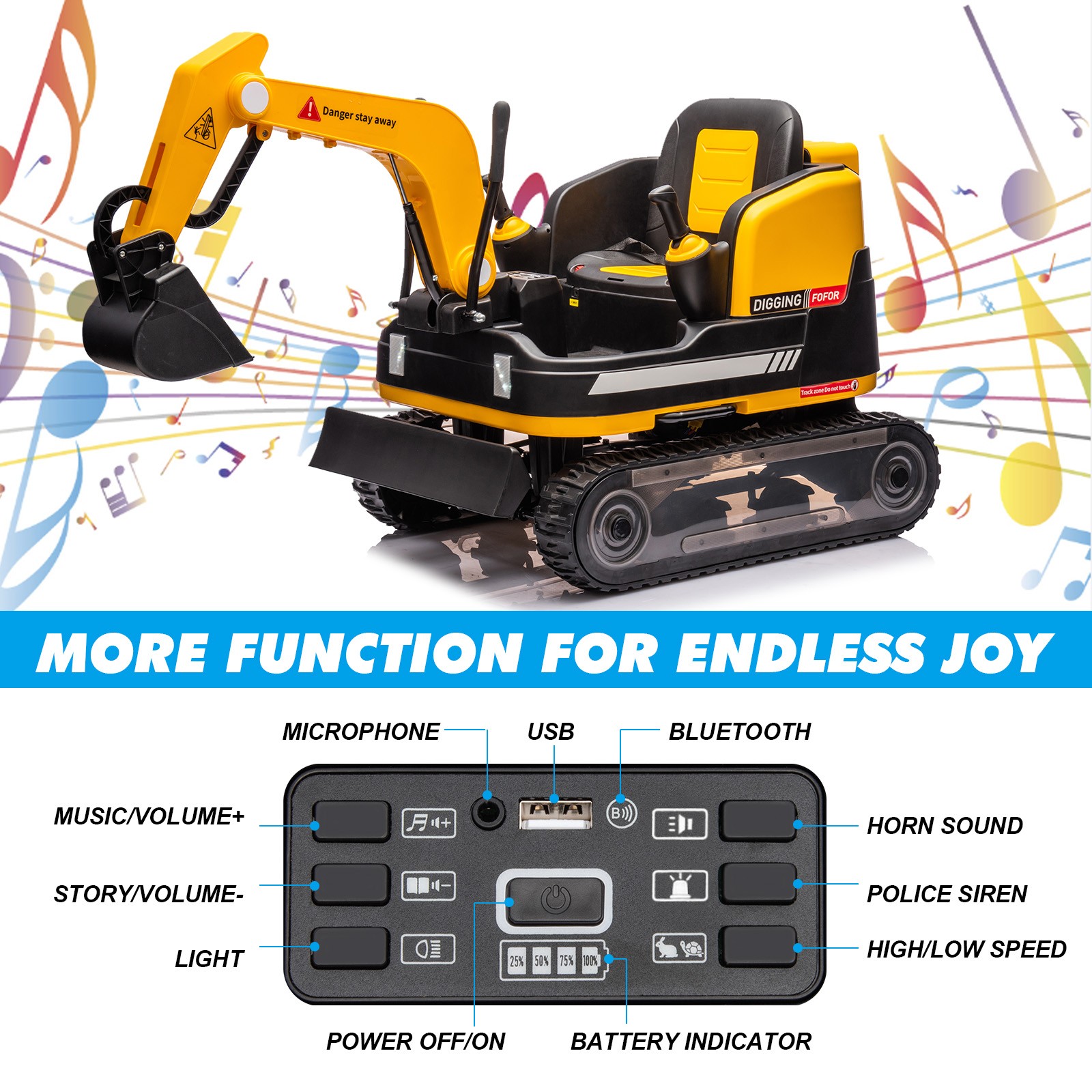 2 IN 1 Electric 12V Battery 360° Kids Ride On Excavator Bulldozer Remote Yellow