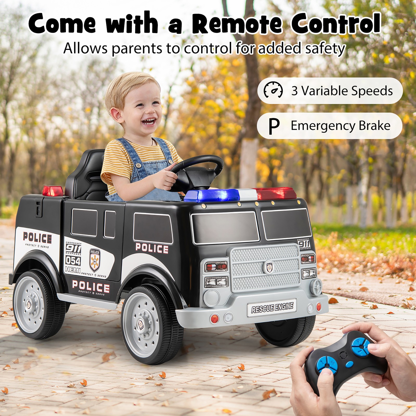 Kids Ride on Police Car w/ 3 Speeds Megaphone Music FM Radio Flashing Lights