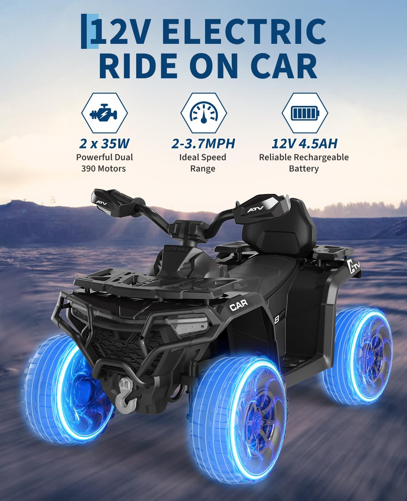 12V Kids Ride On Car w/ RC,Electric Off-Road ATV Car Toys with LED Lights,Music