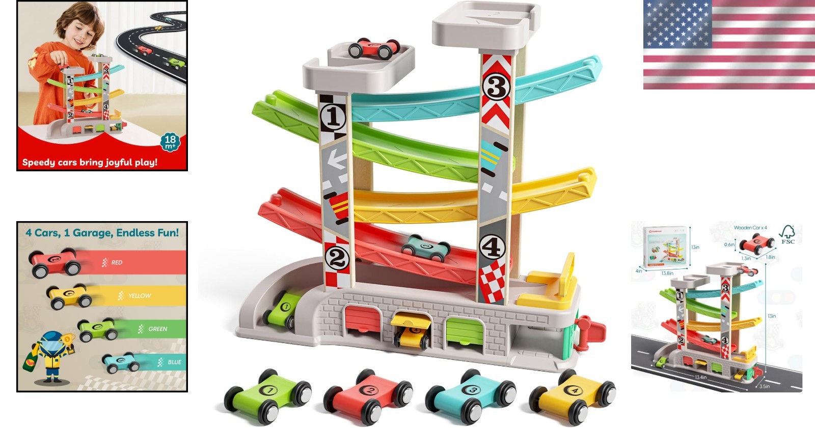4-Car Wooden Race Track with Parking Lot: Ideal Gift for Toddlers 2-4