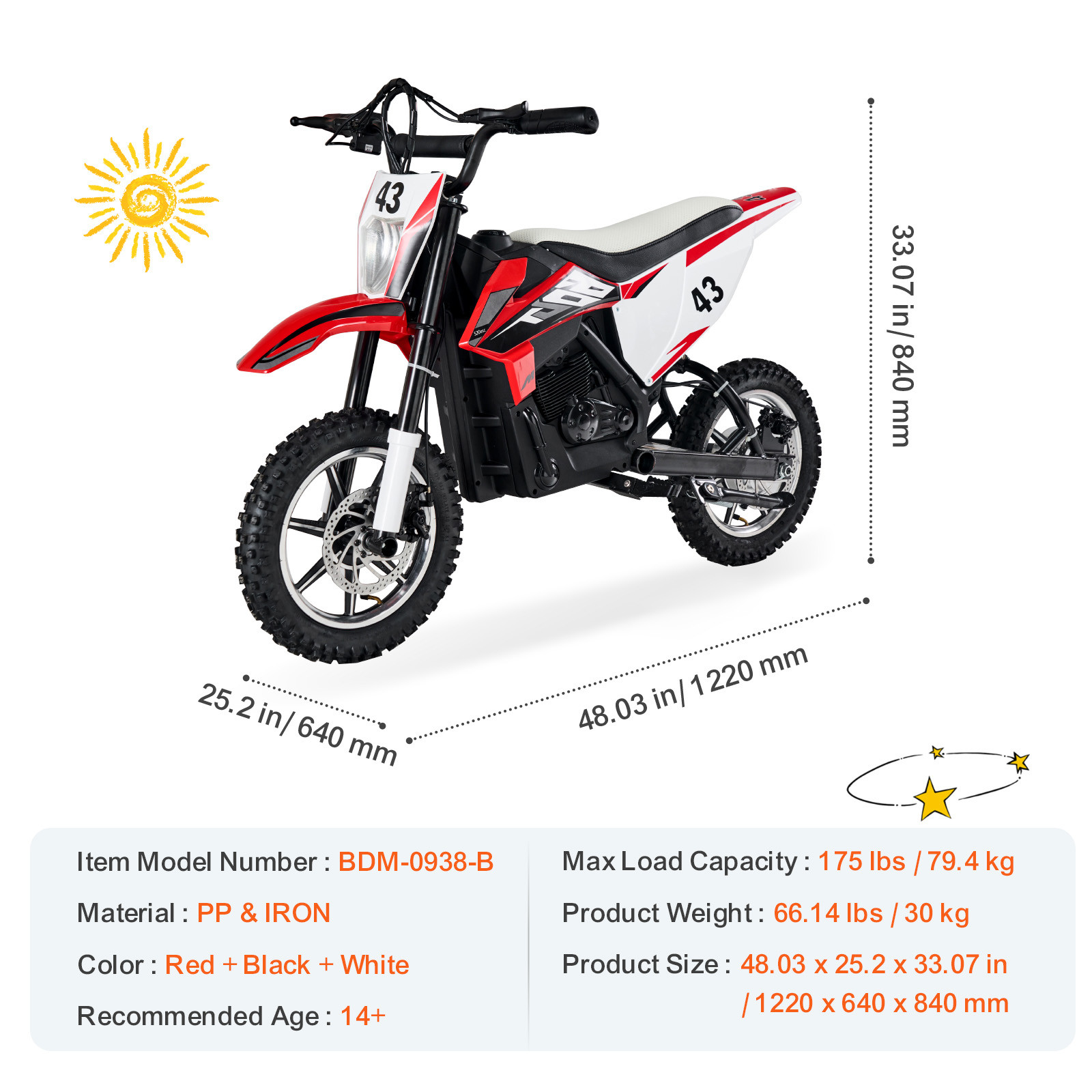 Kids Ride on Motorcycle 36V Electric Motorbike with LED for Kids Aged 14+