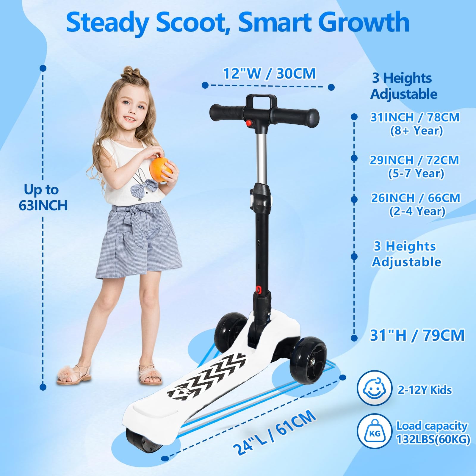 Electric Scooter for Kids Ages 3-12, Full Body Lights Up, Wide Deck, 3 Adjust…