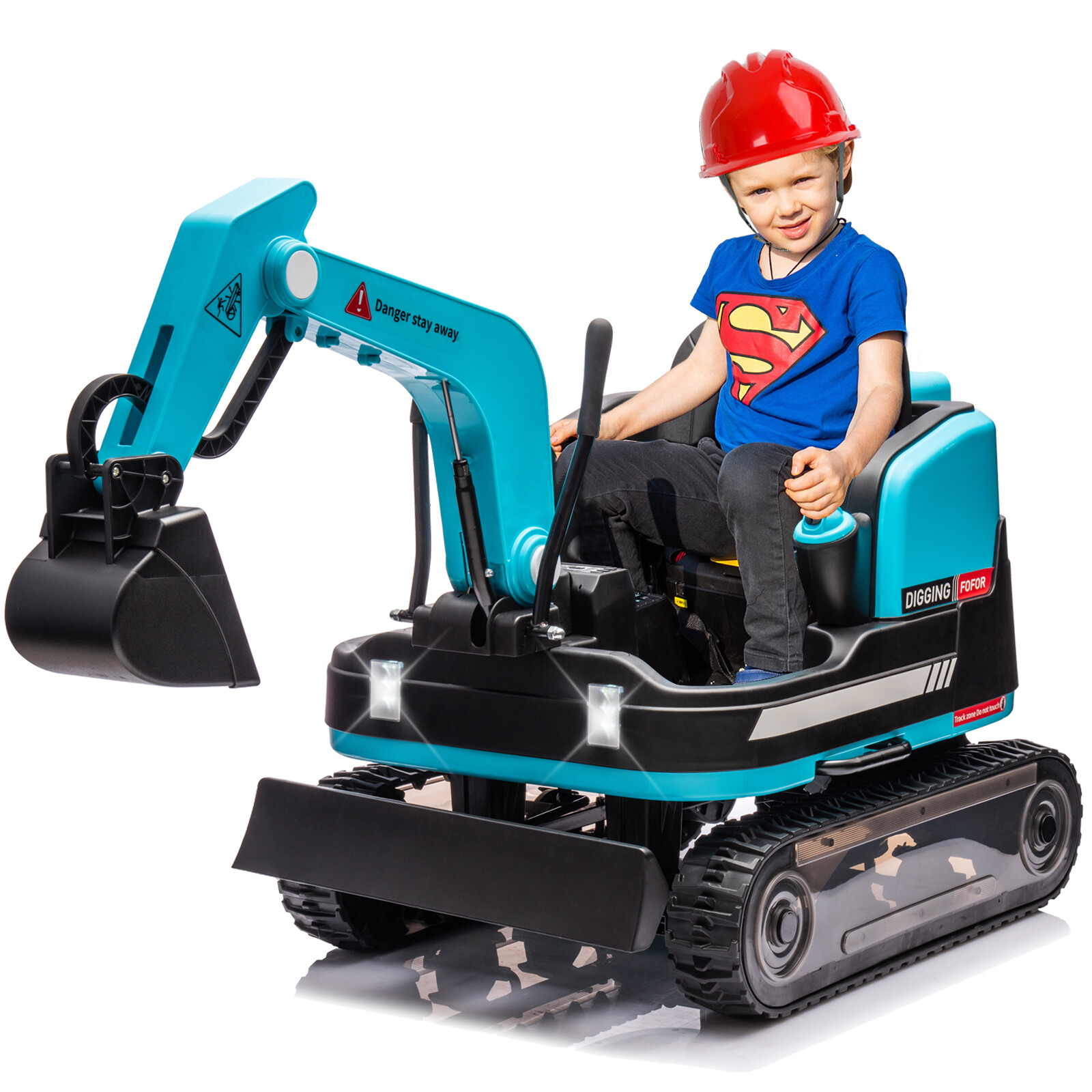 JOYLDIAS 12V12AH 360° Kids Blue Ride On Excavator Bulldozer Tracked Wheel,Remote